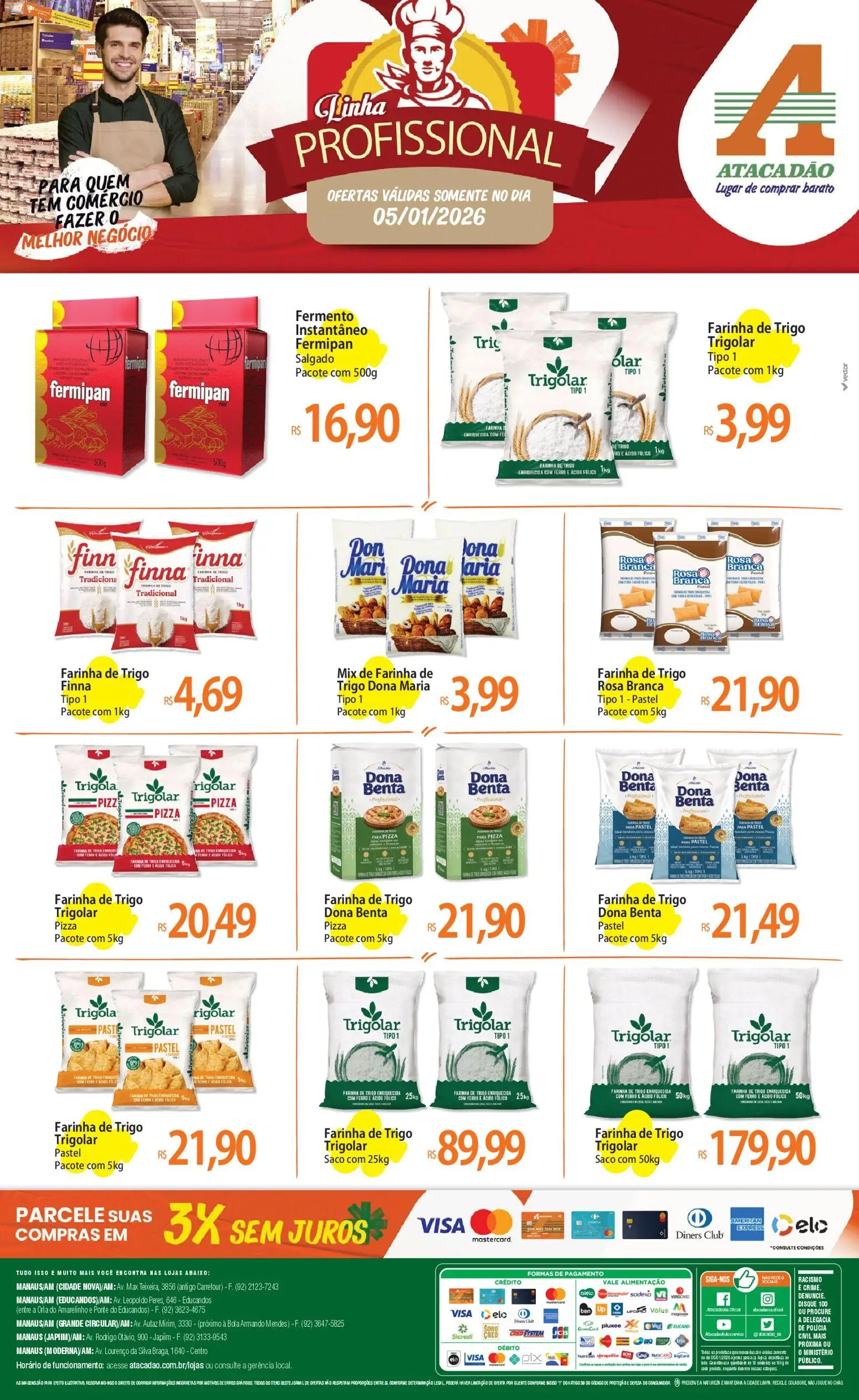 Pré-Visualização do folheto "Ofertas - AM" da loja Atacadão válido a partir de 05/01/2026 - Pizza, Ferro, Farinha de trigo, Farinha