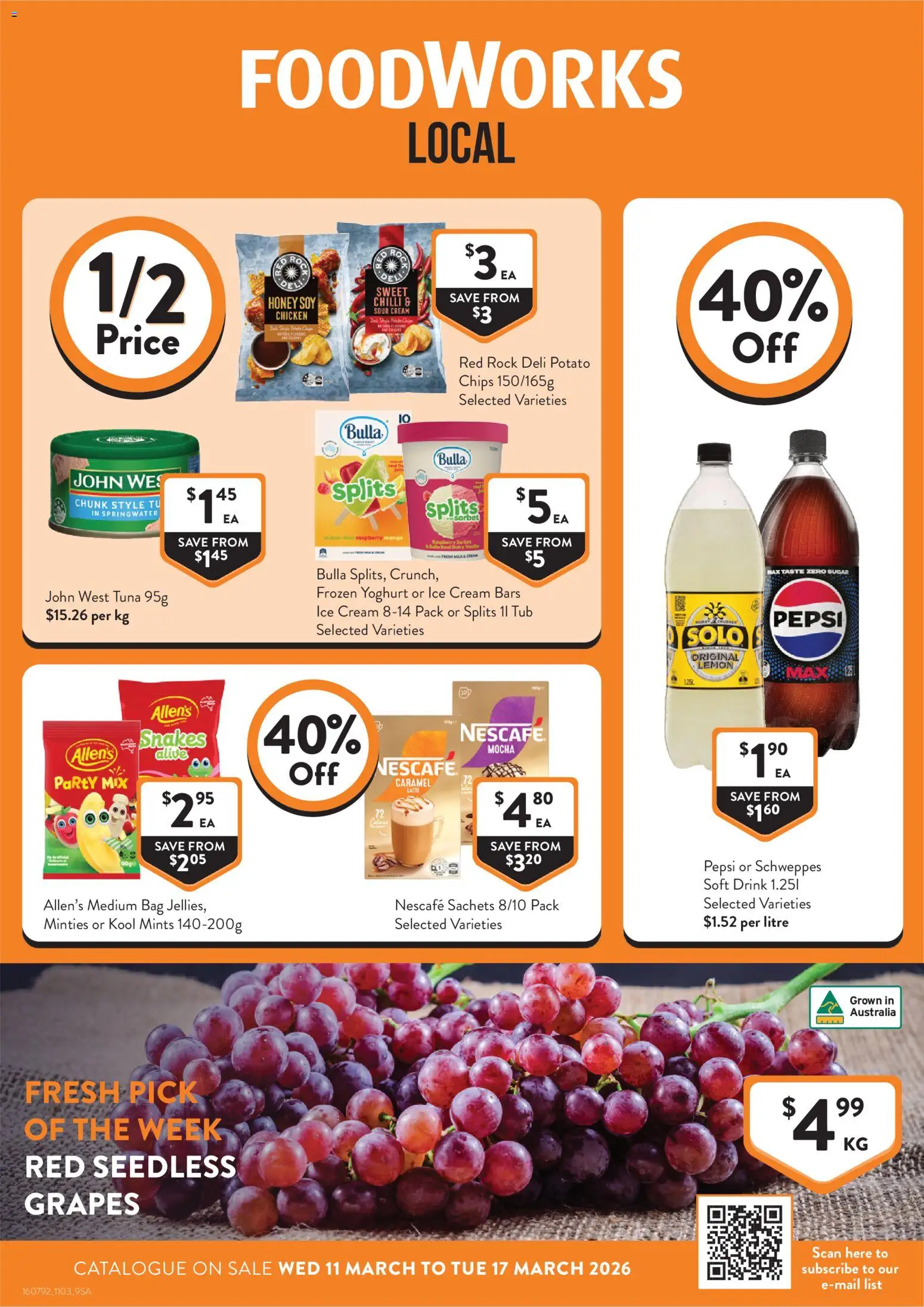 Preview of catalogue Foodworks catalogue SA from shop Foodworks valid 11/03/2026 - Yoghurt, Chicken, Chips, Sachets, Chilli, Raspberry, Nescafe, Bag