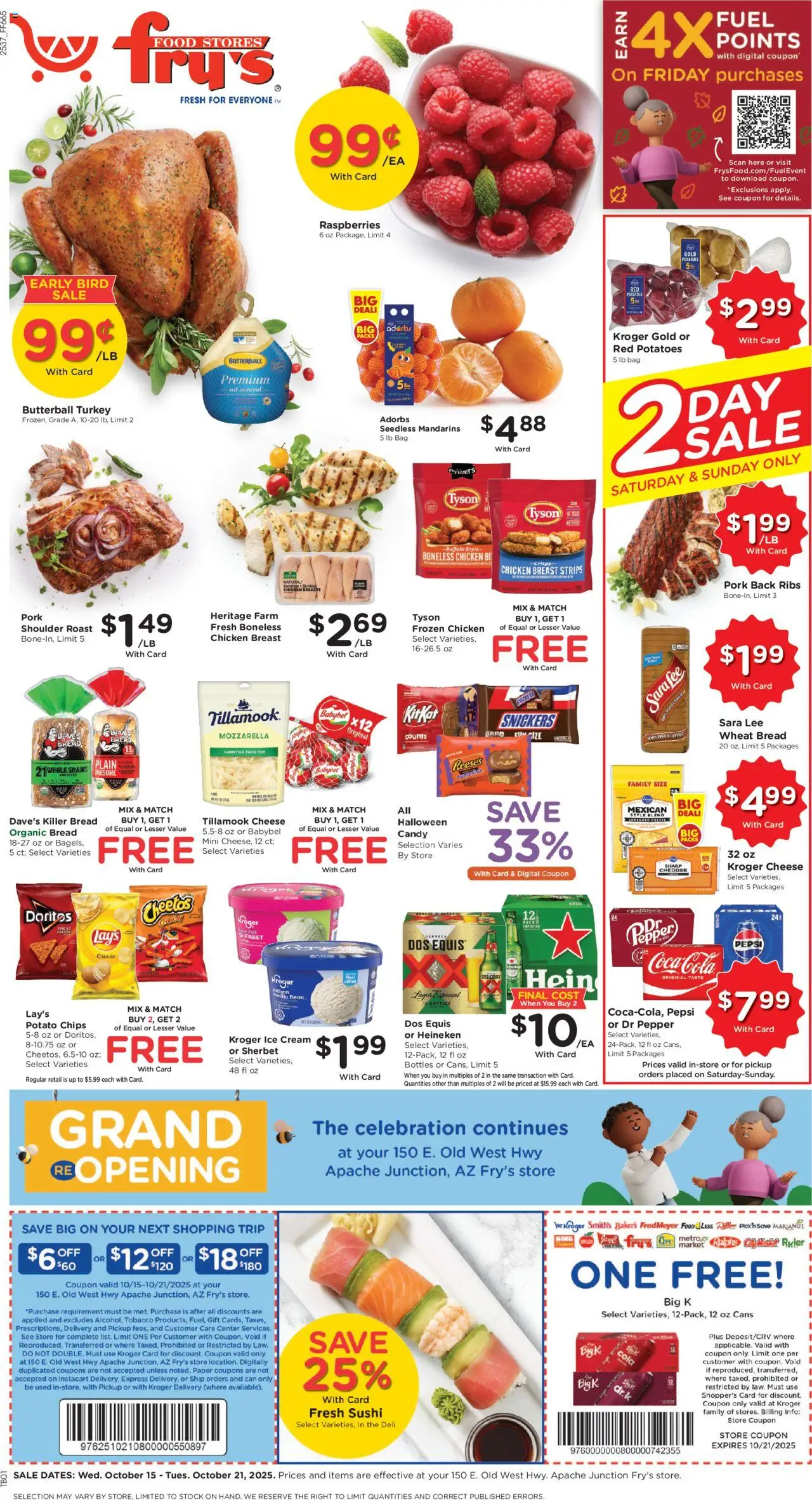 Fry's Food Weekly Ad from 10/15/2025 - Flyer - Page number 1 - Sushi, Ice, Chips, Mandarins, Cream, Snickers, Heineken, Potato chips