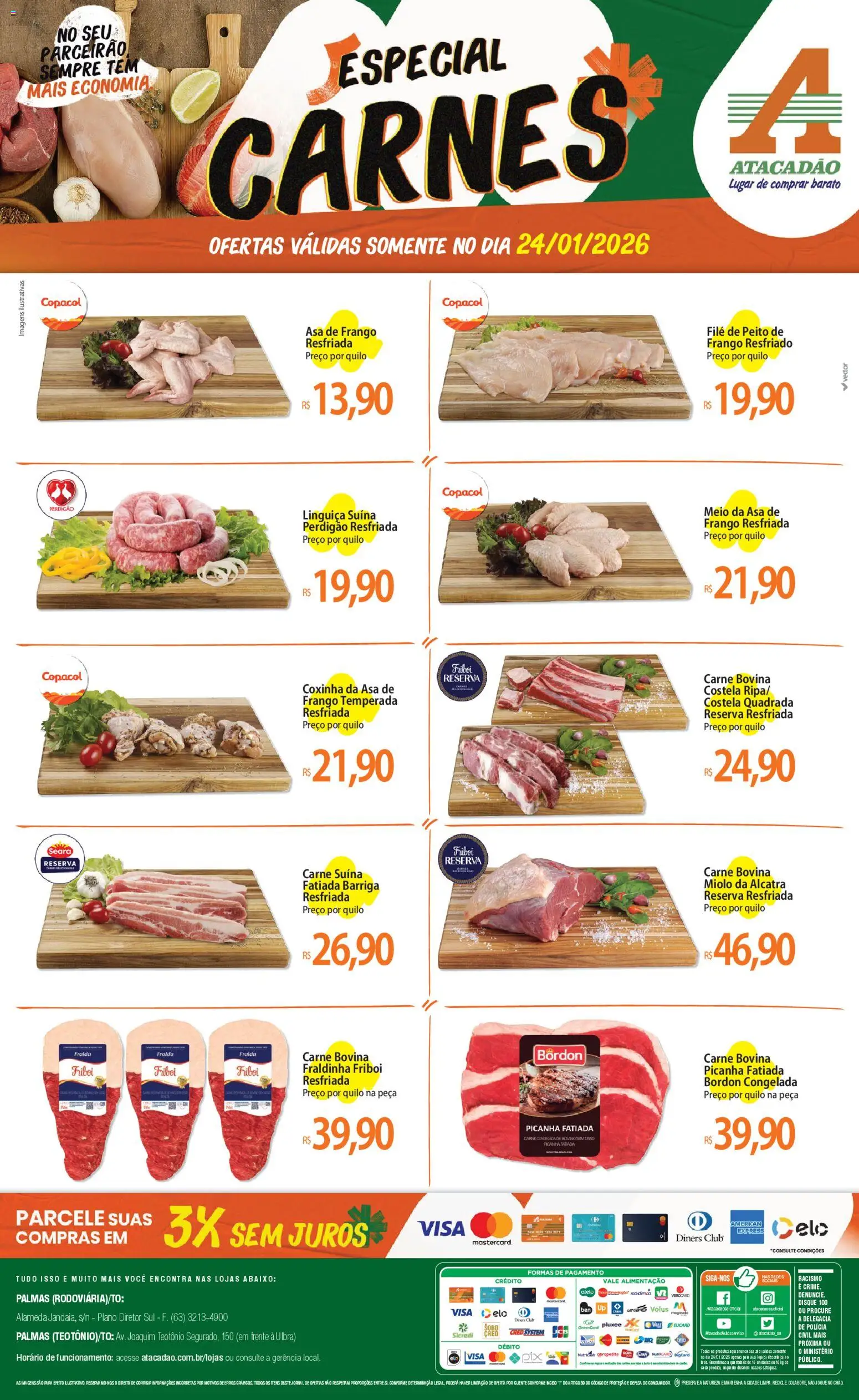 Pré-Visualização do folheto "Ofertas - TO" da loja Atacadão válido a partir de 24/01/2026 - Carne, Frango, Peito de frango, Fraldinha, Linguiça, Alcatra, Carne bovina, Asa de frango