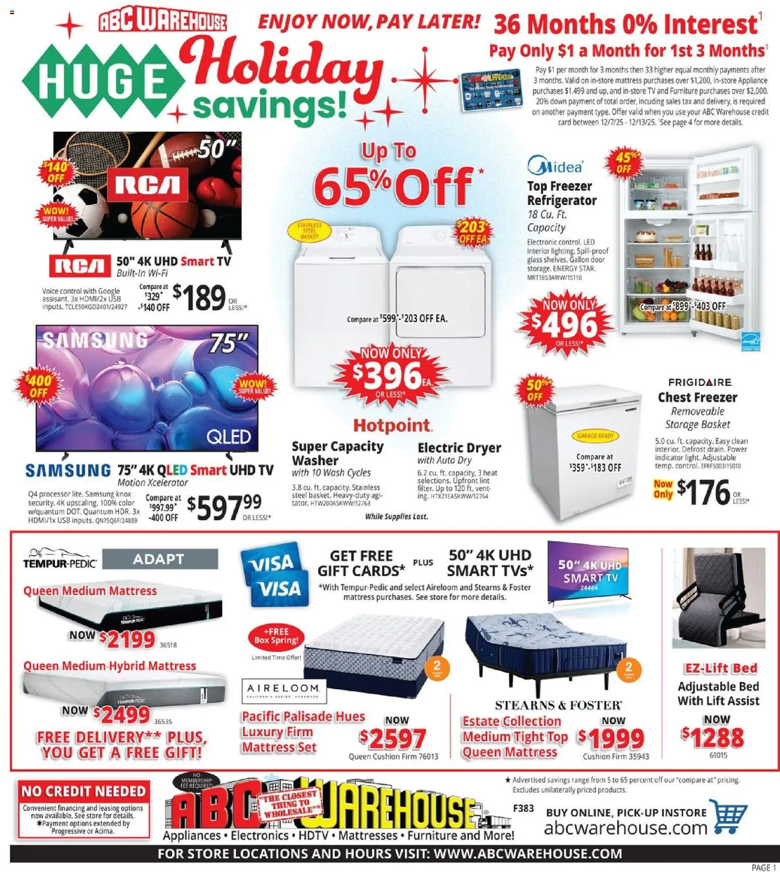 Ad Preview of ABC Warehouse Weekly Ad from 12/07/2025 - Box, Mattress, Bed, Basket, Dryer, Usb, Adjustable bed, Cushion