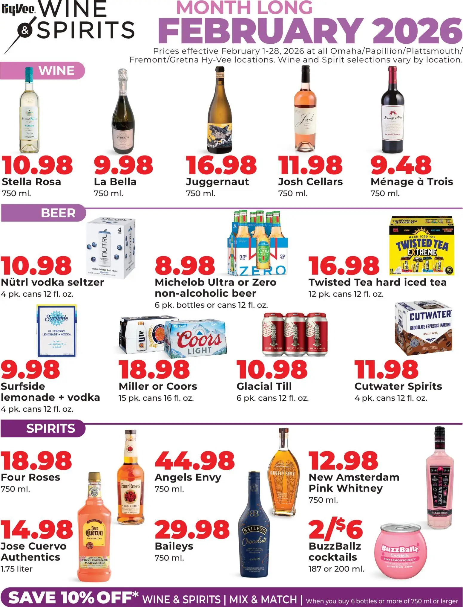 Ad Preview of HyVee Alcohol Flyer from 02/01/2026 - Beer, Wine, Lemonade, Bourbon, Vodka, Lemon, Baileys, Martini
