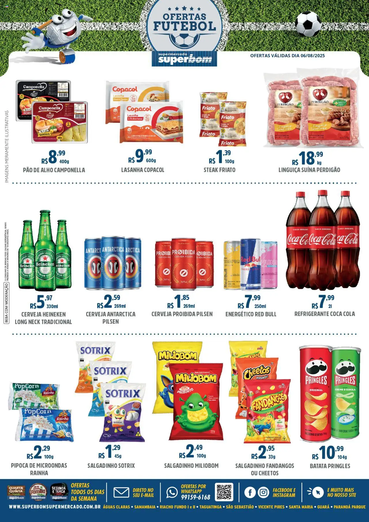 Superbom folheto "Ofertas Futebol" válido a partir de 06/08/2025 - número de página 1 - Microondas, Heineken, Pipoca, Refrigerante, Energético, Pao de alho, Cebola, Steak