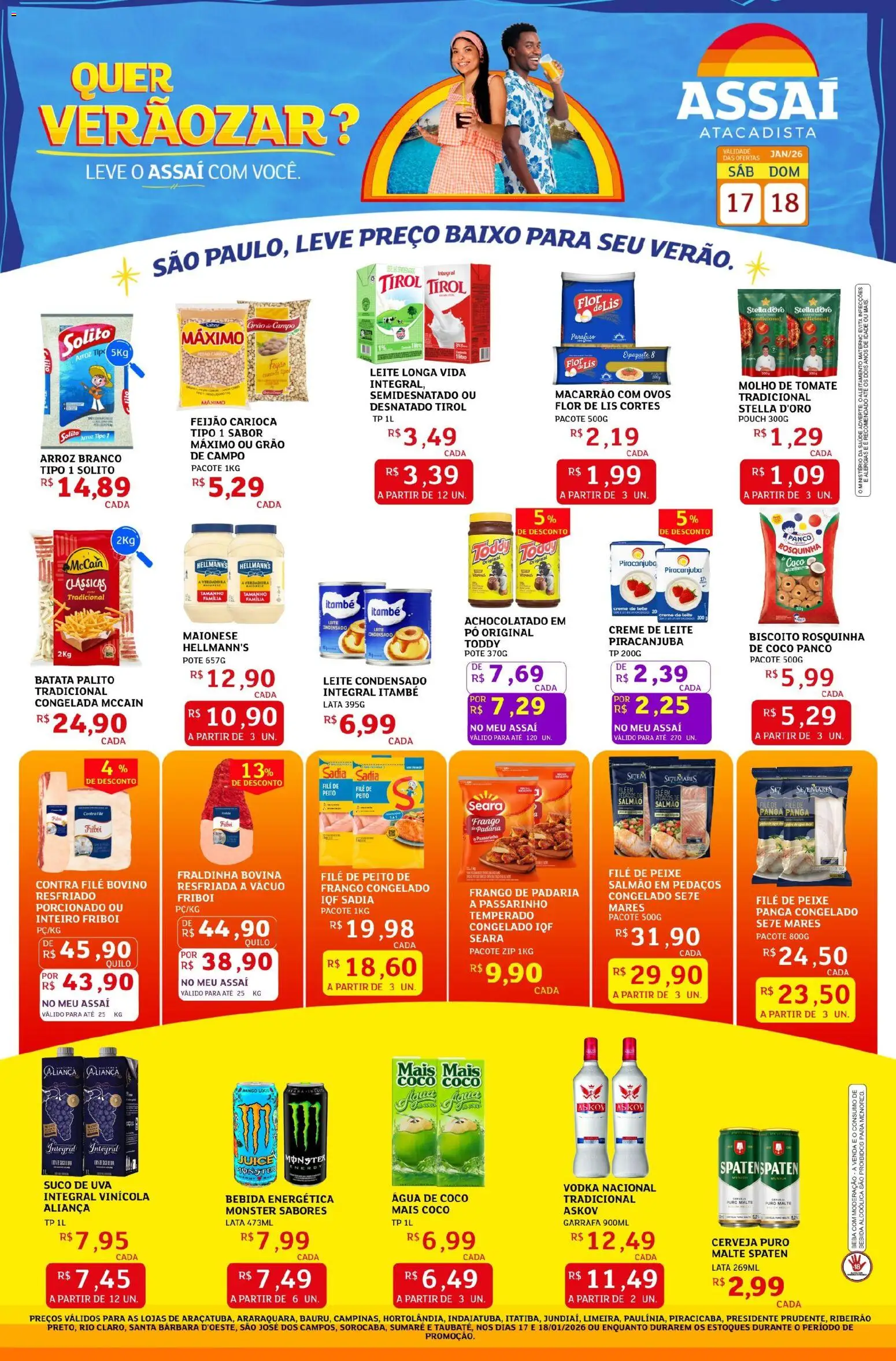 Pré-Visualização do folheto "Encarte - SP" da loja Assaí Atacadista válido a partir de 17/01/2026 - Água, Monster, Ovos, Biscoito, Rosquinha, Contra filé, Leite longa vida, Bebida energética