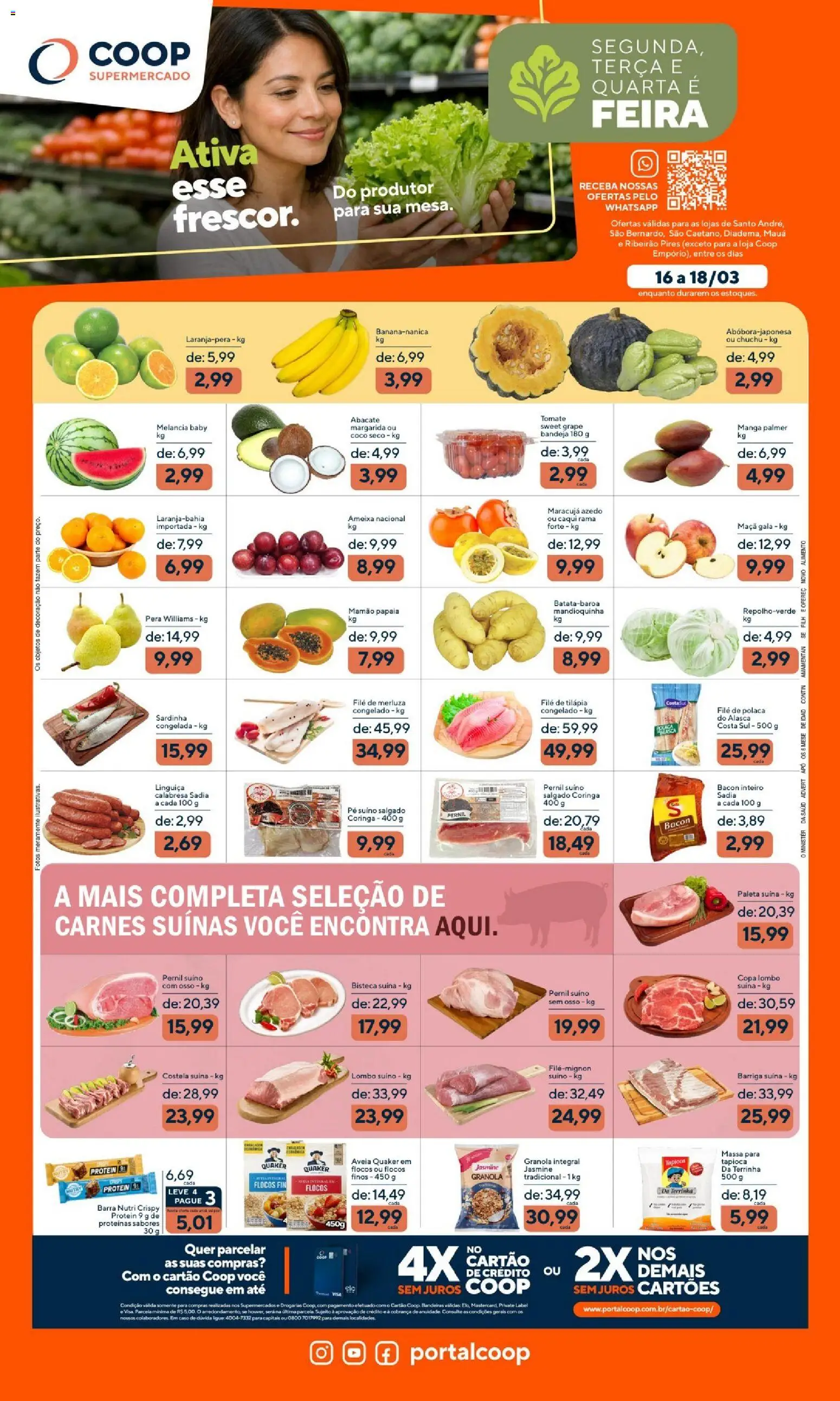 Pré-Visualização do folheto "Coop ofertas Segunda, Terça e Quarta é Feira" da loja Coop válido a partir de 16/03/2026 - Manga, Maracujá, Pera, Aveia, Bacon, Bandeja, Lombo, File de polaca