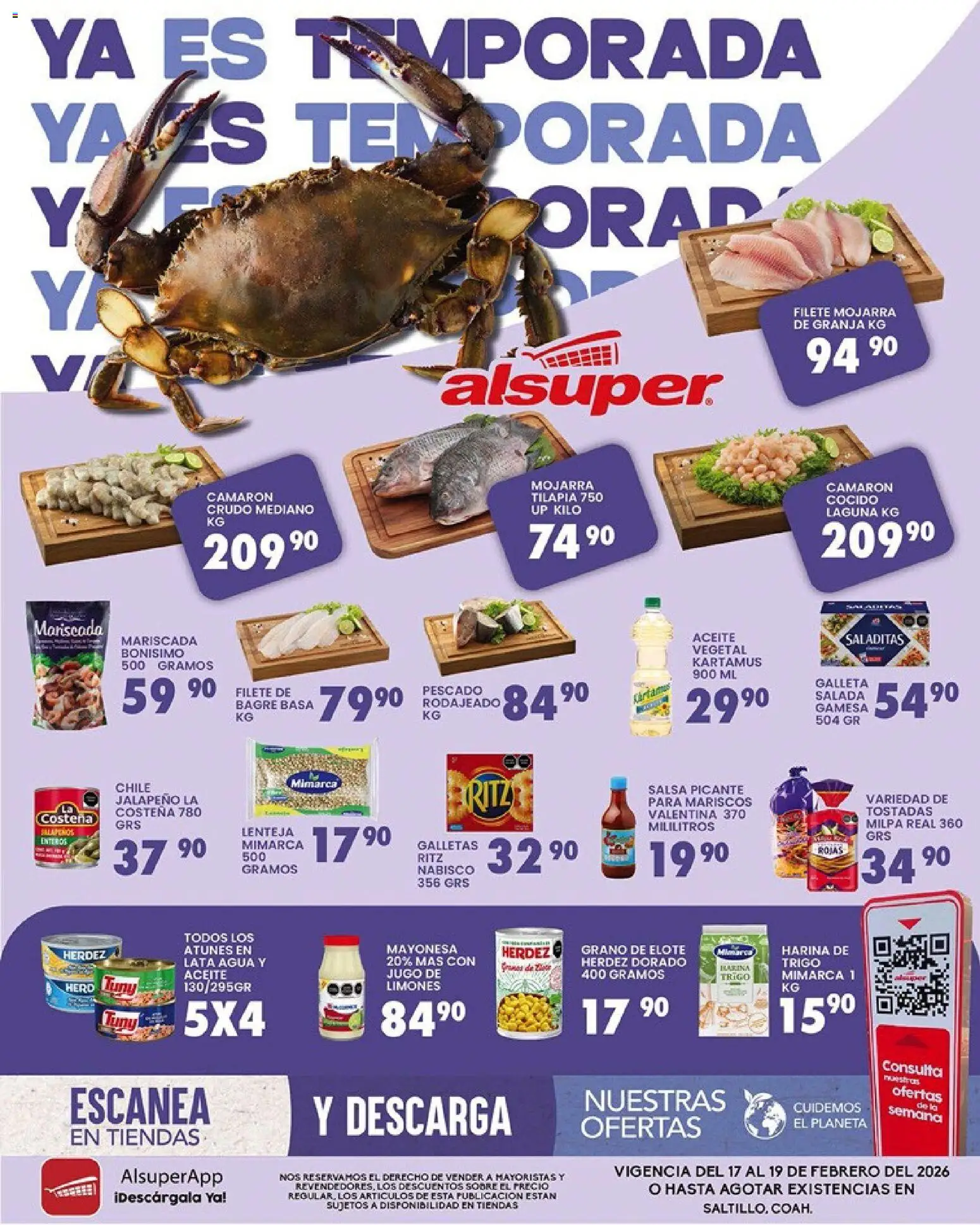 Vista previa las ofertas de la tienda Alsuper - Folleto Saltillo desde el 17/02/2026 - Agua, Galletas, Limones, Jugo, Tostadas, Aceite, Mayonesa, Filete