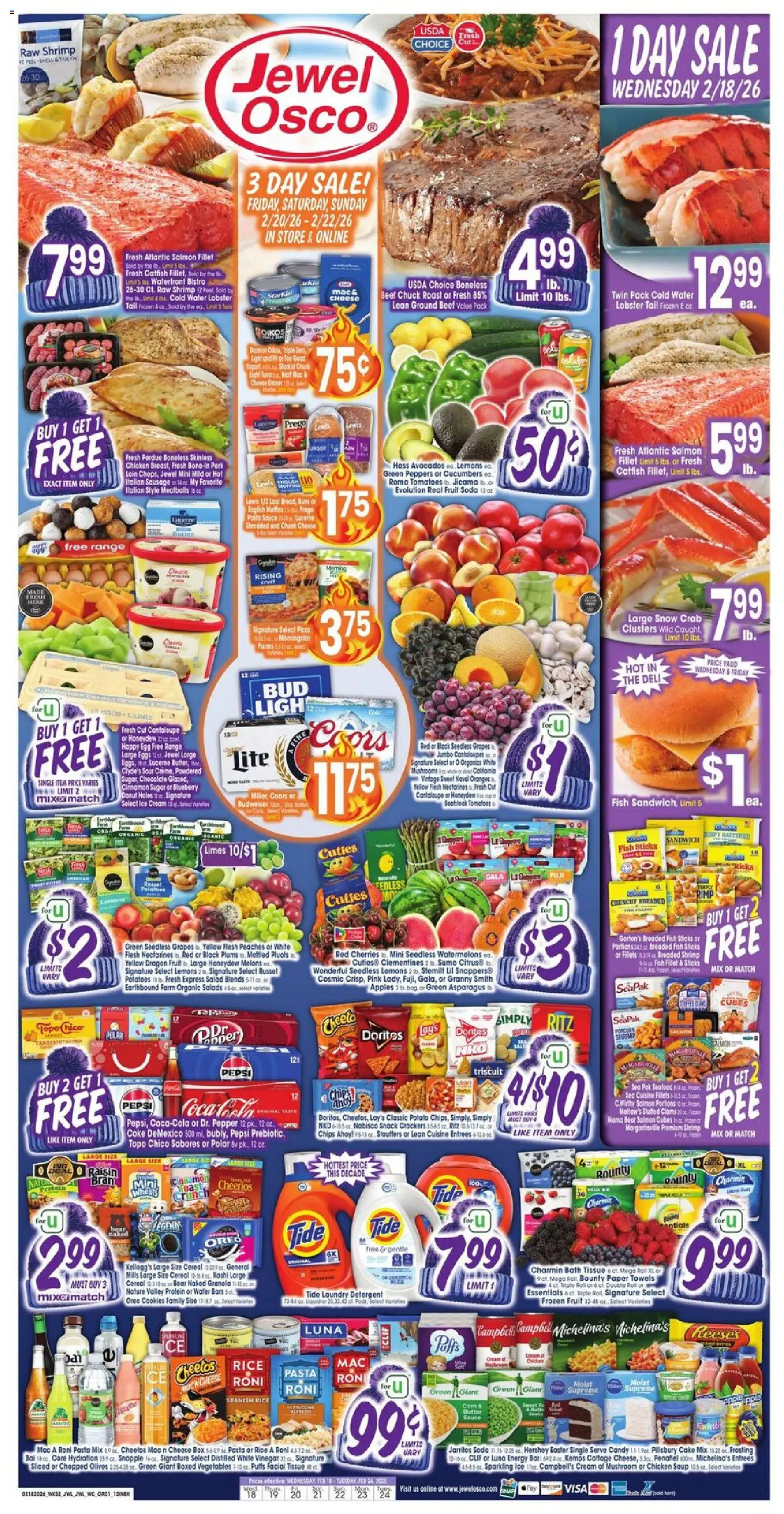 Ad Preview of Jewel Osco Weekly Ad - IN from 02/18/2026 - Chocolate, Water, Box, Vegetables, Mushrooms, Cream, Beef chuck, Frozen fruit