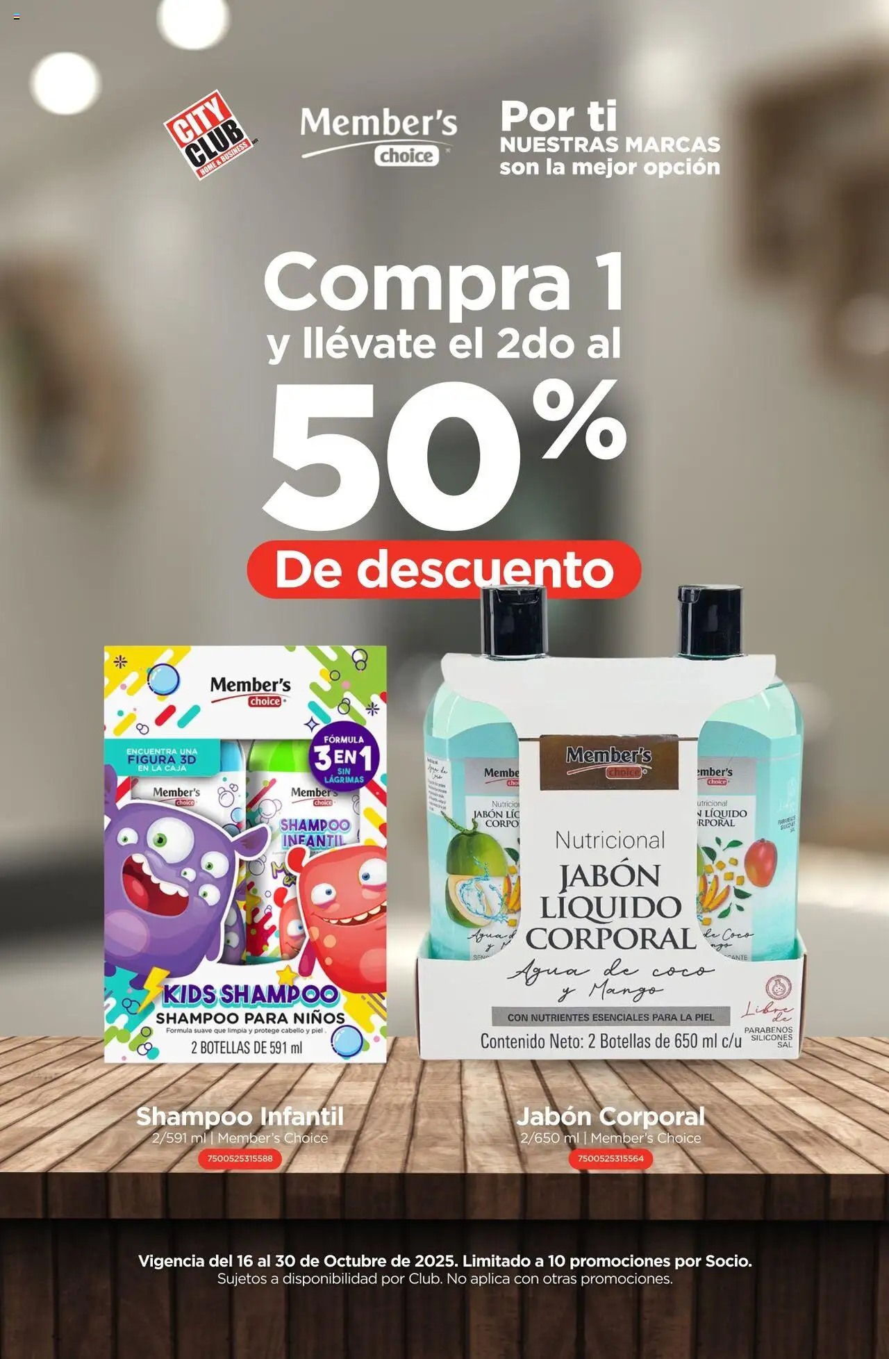 Vista previa las ofertas de la tienda City Club - Catálogo Compra 1 y el 2do va al 50% de descuento desde el 16/10/2025 - Agua, Mango, Coco, Shampoo, Jabón, Caja, Jabón líquido, Shampoo para niños
