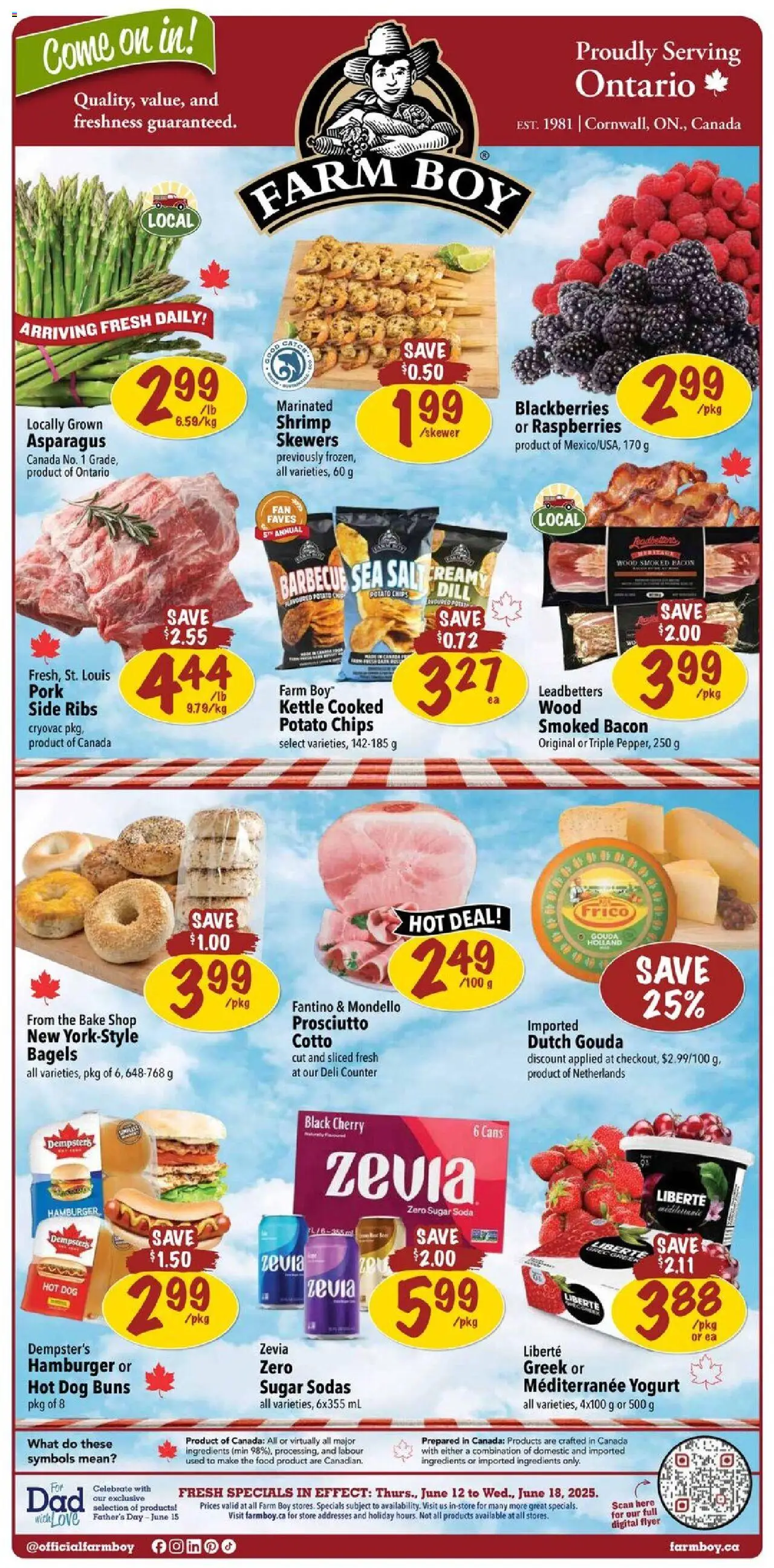 Farm Boy flyer valid from Jun 12, 2025 - page number 1 - Chips, Gouda, Kettle, Raspberries, Shrimp, Prosciutto, Yogurt, Ingredients