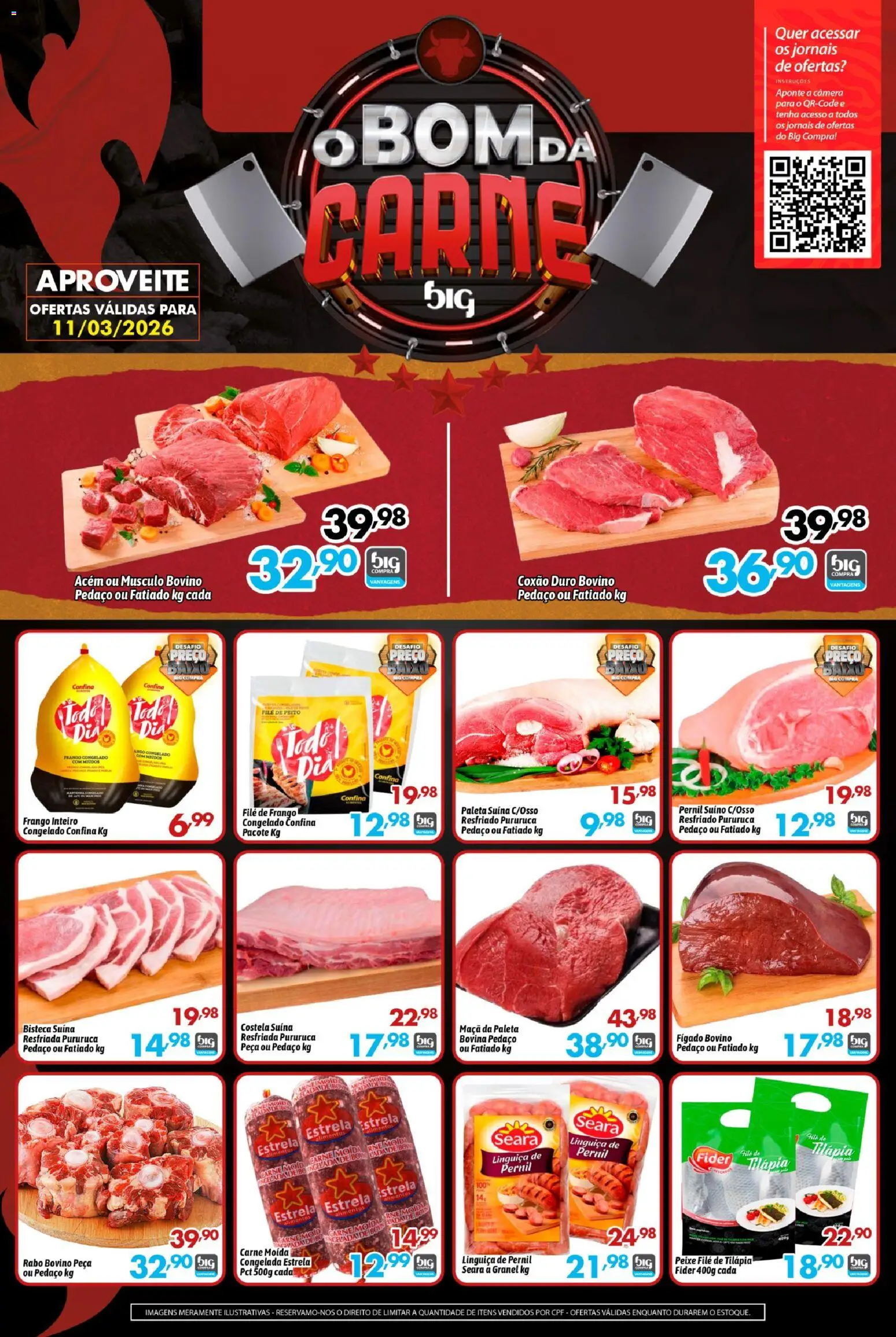 Pré-Visualização do folheto "Big Compra ofertas Bom da carne" da loja Big Compra válido a partir de 11/03/2026 - Frango, Baixo, Carne moída, Linguiça, Coxão duro, Jornais, Acém, Frango inteiro