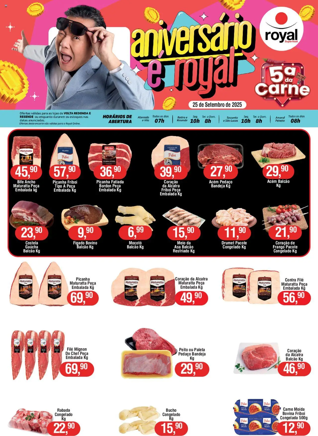 Royal Supermercados folheto "Ofertas Carne" válido a partir de 25/09/2025 - número de página 1 - Picanha, Fígado, Bife ancho, Carne moída, Alcatra, Bandeja, Filé mignon, Acém