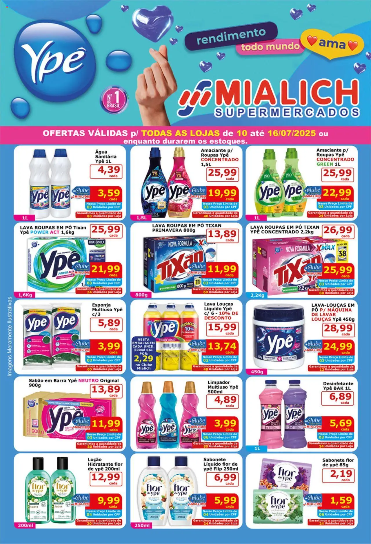Mialich Supermercados folheto "Ofertas Ypê" válido a partir de 10/07/2025 - número de página 1 - Máquina de lavar, Sabão em barra, Esponja, Mialich, Água, Sabonete, Amaciante, Desinfetante