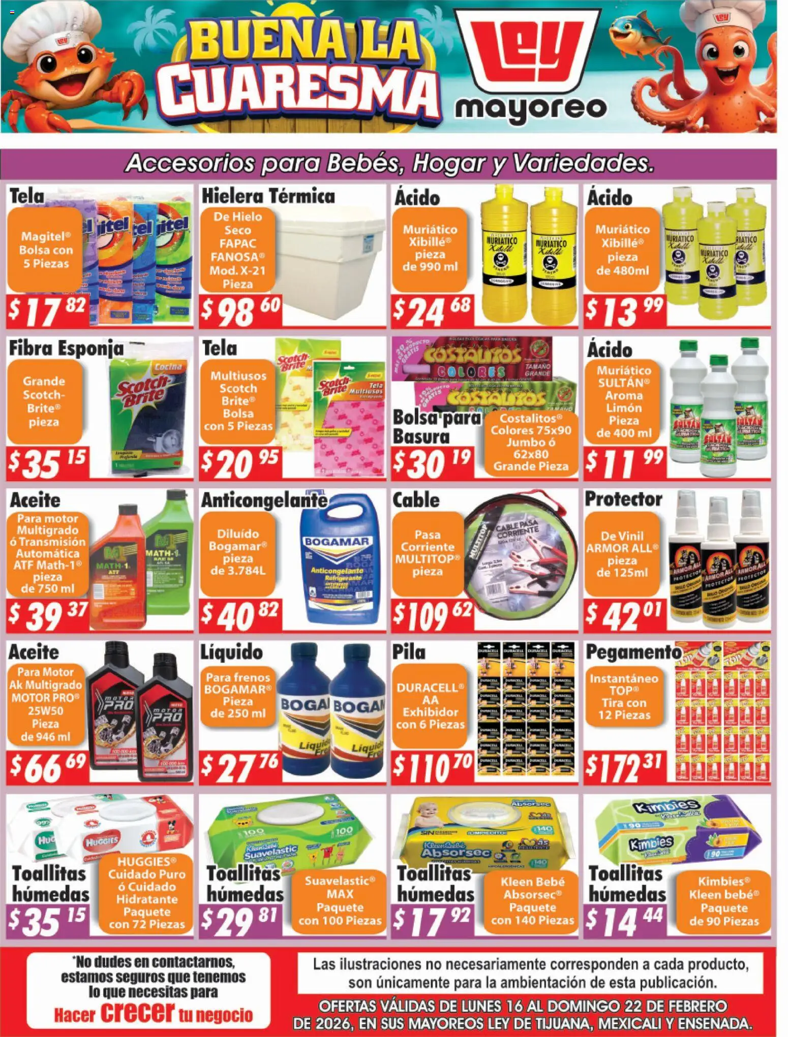 Vista previa las ofertas de la tienda Casa Ley - Folleto Frontera desde el 16/02/2026 - Cocina, Bolsa, Hielera, Toallitas húmedas, Hielo, Pila, Cable, Pegamento