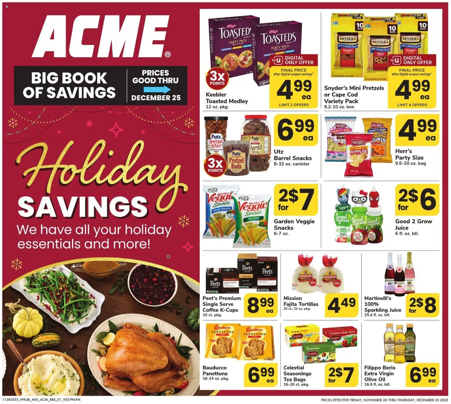 Ad Preview of Acme Big Book of Savings from 11/28/2025 - Coffee, Tea, Snacks, Lemon, Oil, Olive oil, Tortillas, Peanut butter