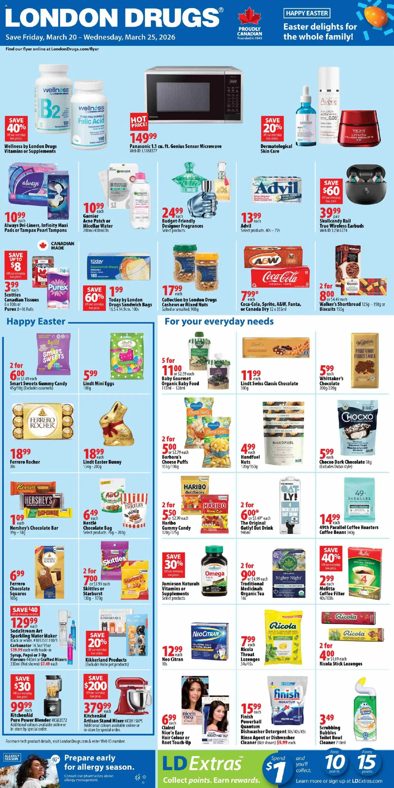 Preview of leaflet London Drugs weekly flyer / circulaire from shop London Drugs is valid from Mar 20, 2026 - Water, Tea, Eggs, Omega, Pepsi, Coconut, Cream, Micellar water