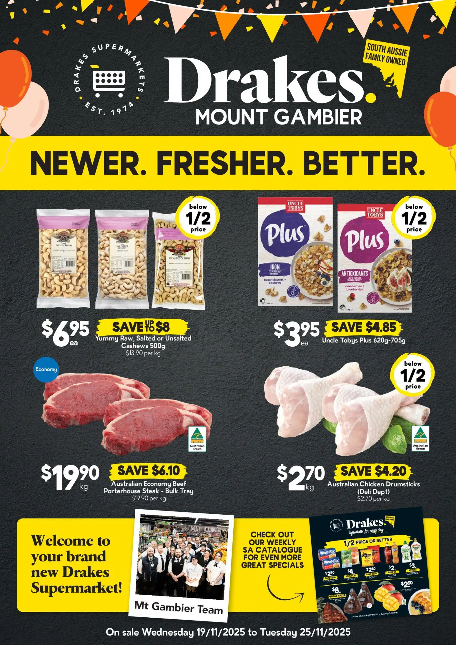 Preview of catalogue Mount Gambier - SA from shop Drakes valid 19/11/2025 - Ingredients, Chicken, Beef, Cranberries, Steak, Drumsticks, Blueberries, Iron