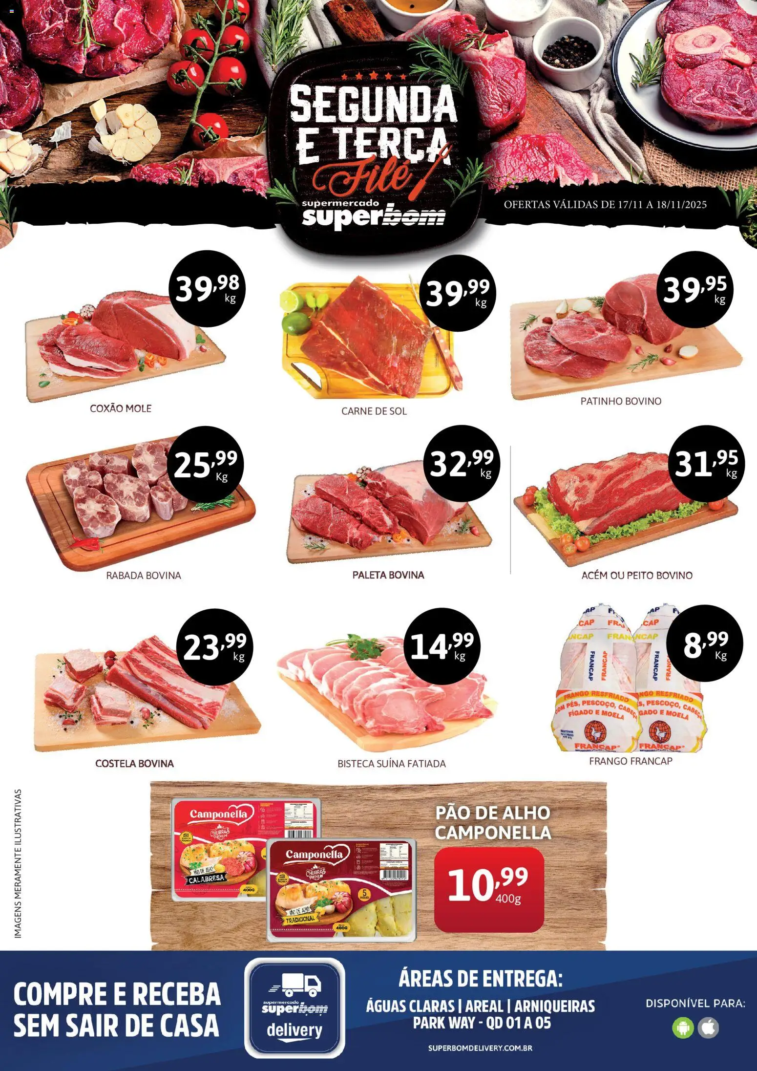 Pré-Visualização do folheto "Ofertas da semana" da loja Superbom válido a partir de 17/11/2025 - Pão, Carne, Pao de alho, Alho, Costela bovina, Acém, Frango resfriado, Coxão mole