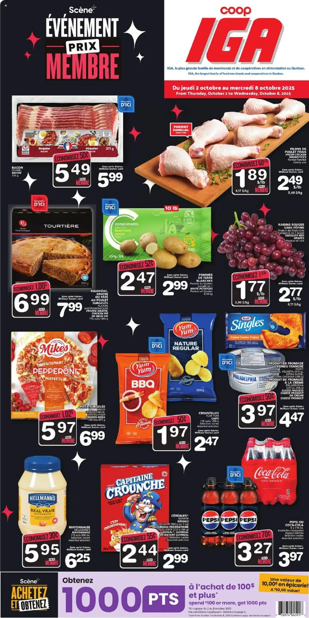 IGA flyer valid from Oct 02, 2025 - page number 1 - Food, Meat, Bacon, Mayonnaise, Raisins, Grapes, Drumsticks, Chicken drumsticks