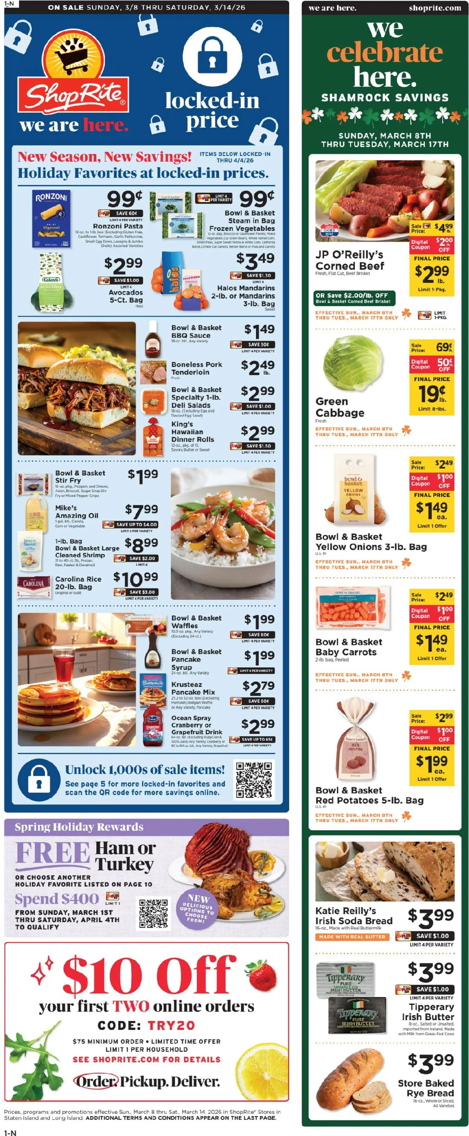 Ad Preview of ShopRite ShopRite Weekly Ad 2 from 03/08/2026 - Turkey, Bread, Butter, Oil, Grapefruit, Cabbage, Bag, Frozen vegetables