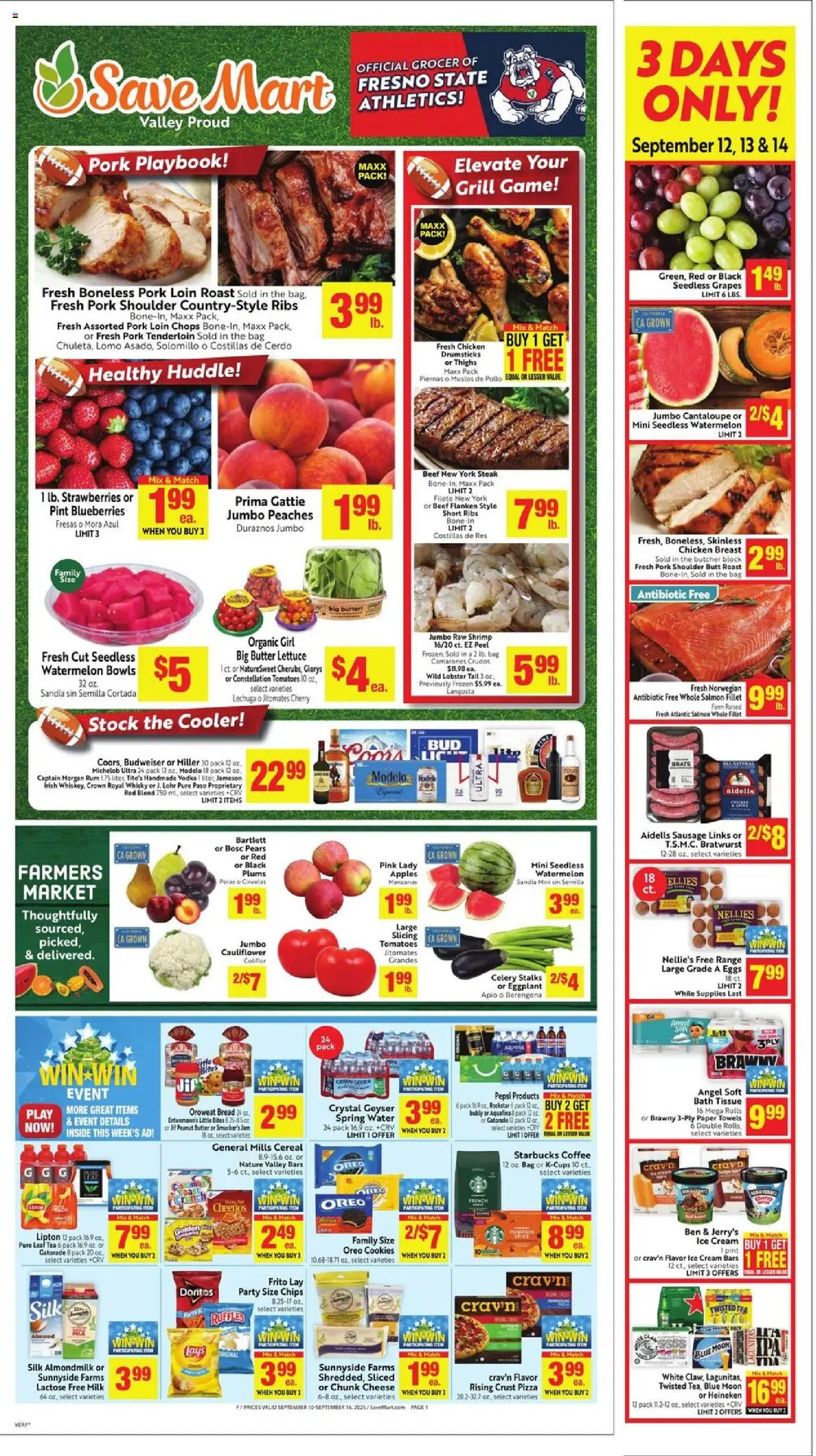 Save Mart Weekly Ad from 09/10/2025 - Flyer - Page number 1 - Salmon, Butter, Peanut butter, Bag, Rum, Paper towels, Pork shoulder, Salmon fillet
