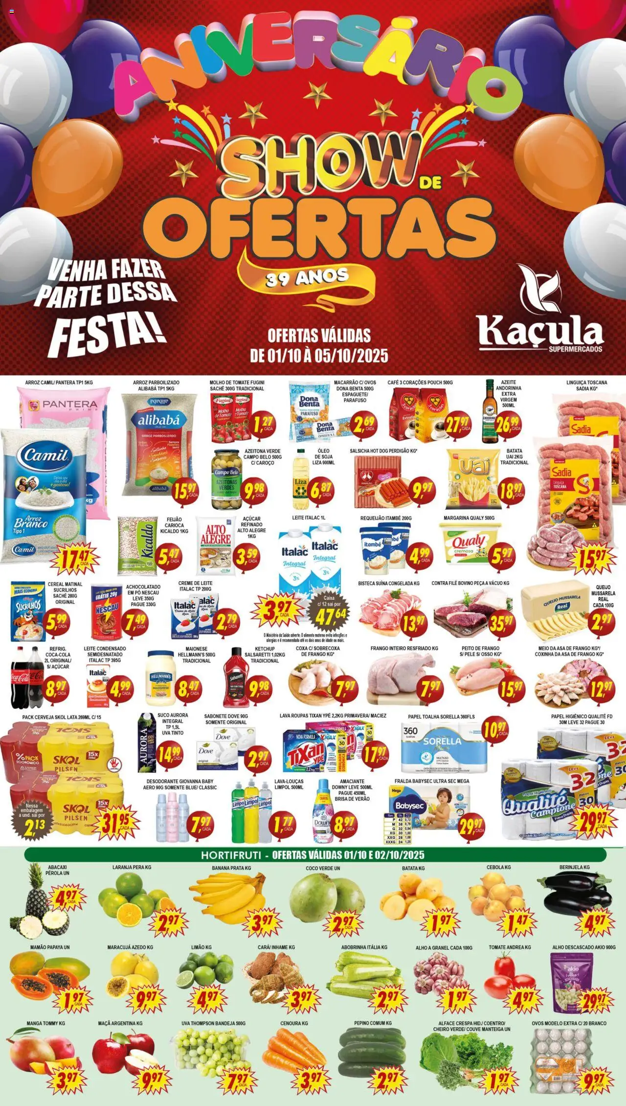 Kaçula folheto "Ofertas da semana" válido a partir de 01/10/2025 - número de página 1 - Desodorante, Arroz, Feijão, Suco, Creme, Papel higiênico, Molho de tomate, Linguiça