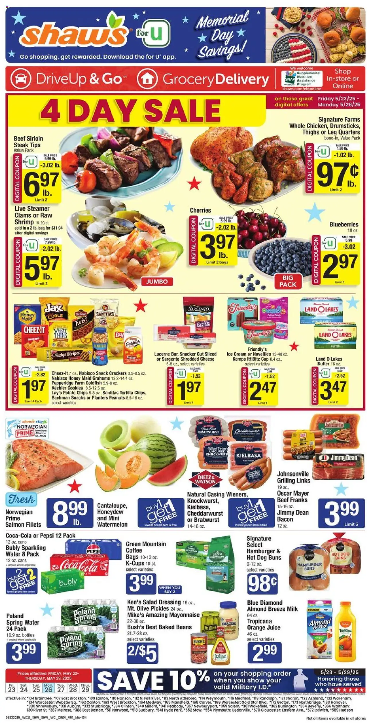 Shaw's Weekly Ad from 05/23/2025 - Flyer - Page number 1 - Butter, Juice, Chips, Salad, Pickles, Snacks, Beef sirloin, Steak