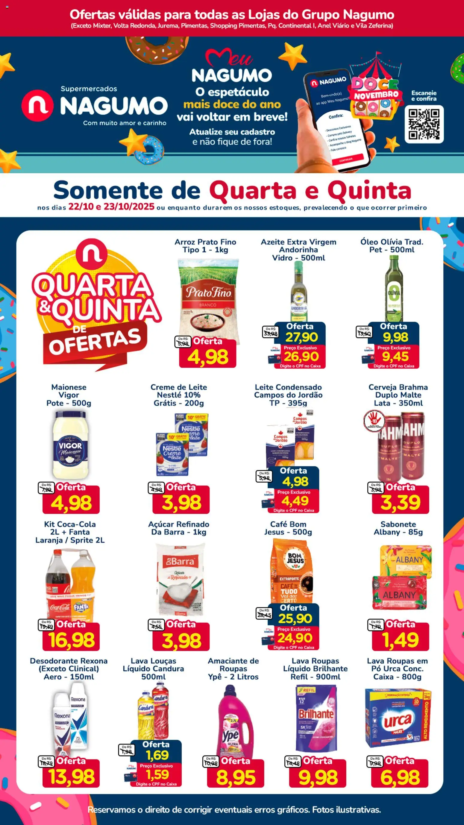 Nagumo folheto "Ofertas Quarta e Quinta" válido a partir de 22/10/2025 - número de página 1 - Caixa, Café, Cerveja, Sabonete, Doce, Anel, Amaciante, Azeite extra virgem