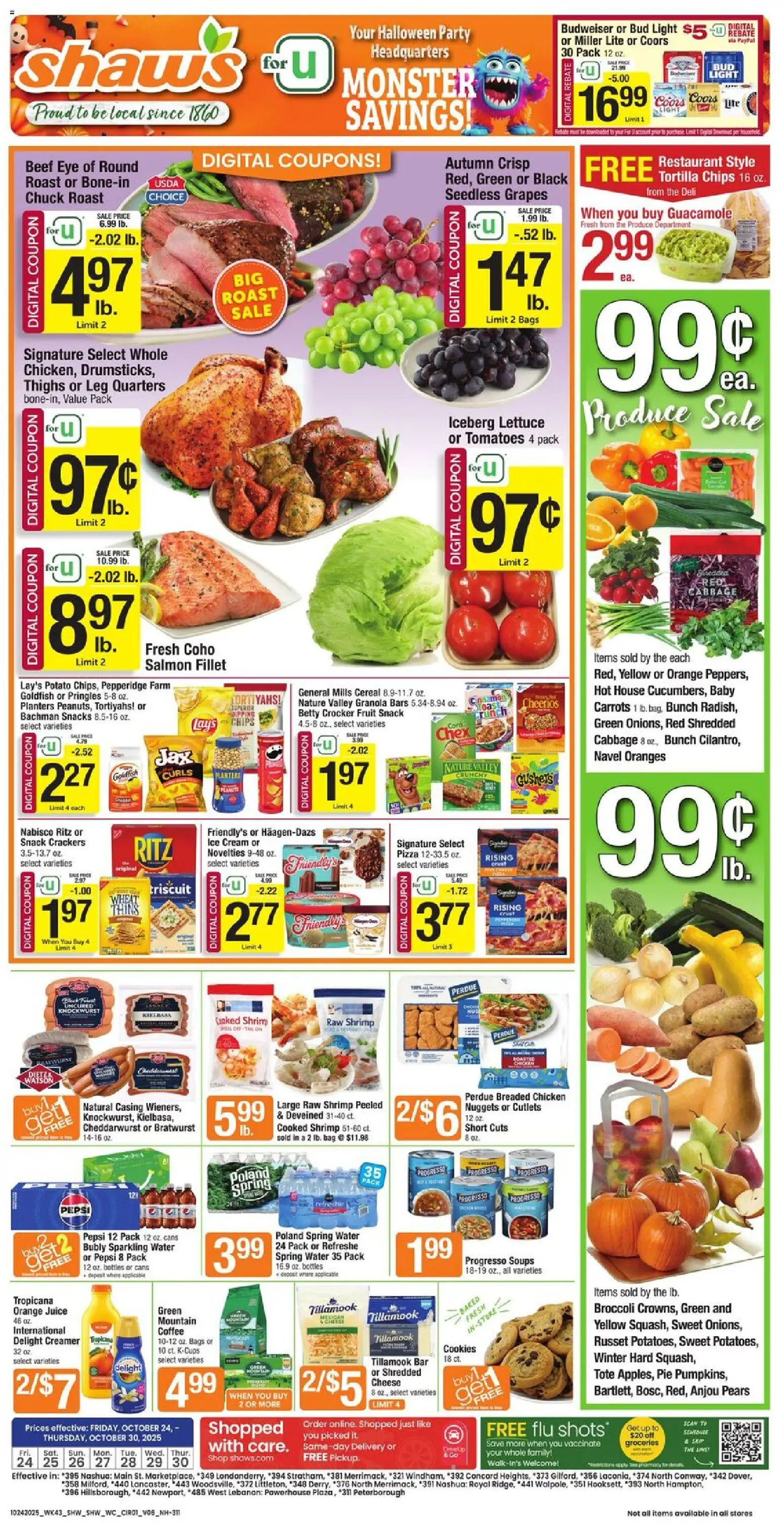 Shaw's Weekly Ad - NH from 10/24/2025 - Flyer - Page number 1 - Groceries, Ice, Fruit, Shrimp, Pepsi, Lettuce, Pears, Spring water