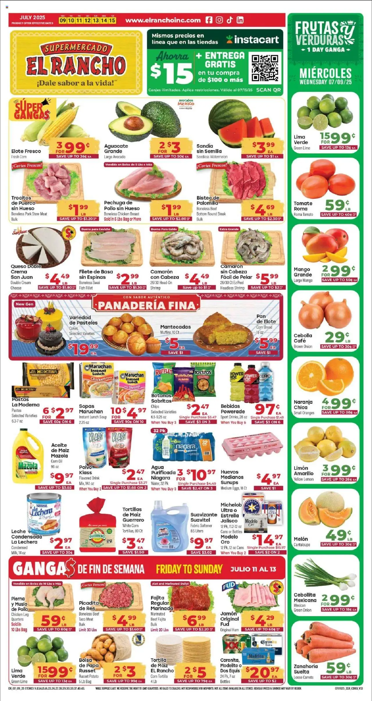 El Rancho Weekly Ad 4 from 07/09/2025 - Flyer - Page number 1 - Fish fillet, Chicken, Avocado, Tortillas, Watermelon, Melon, Bag, Steak
