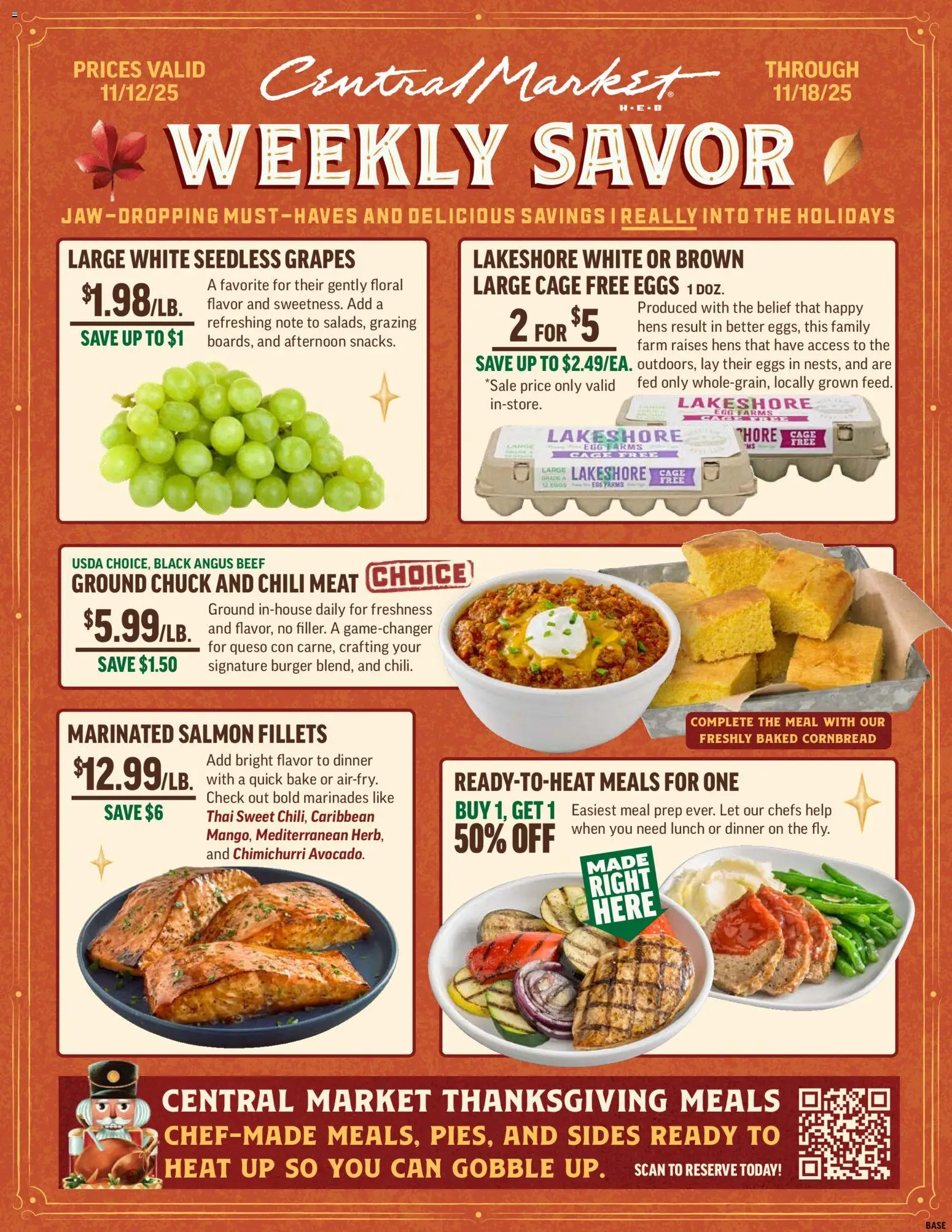 Ad Preview of Central Market Weekly Ad from 11/12/2025 - Chili, Eggs, Salmon, Meat, Grapes, Beef, Seedless grapes