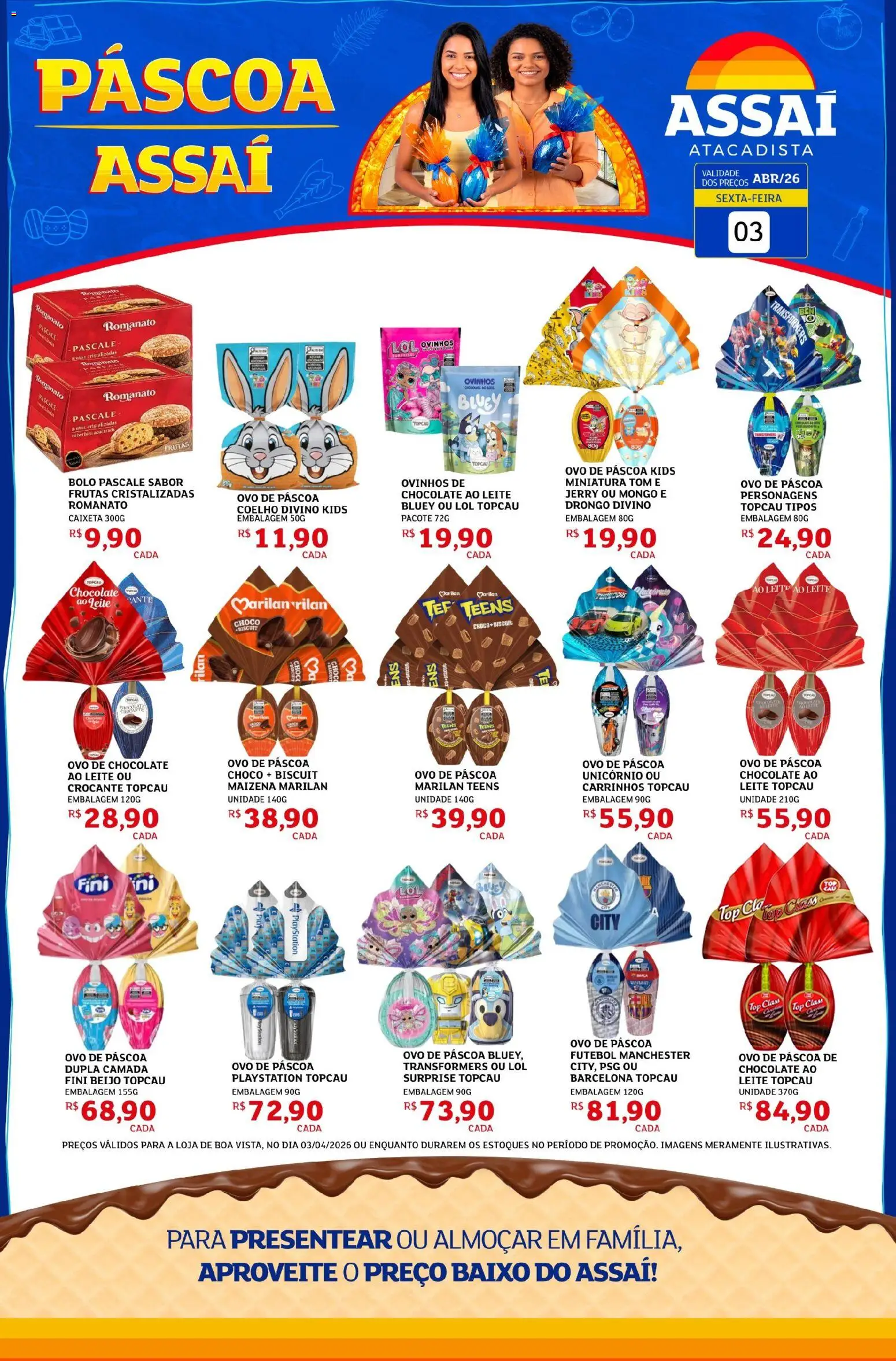Pré-Visualização do folheto "Assaí Atacadista ofertas - RR" da loja Assaí Atacadista válido a partir de 03/04/2026 - Playstation, Ovo de páscoa, Bolo, Chocolate, Leite, Baixo, Frutas cristalizadas, Ovo de chocolate