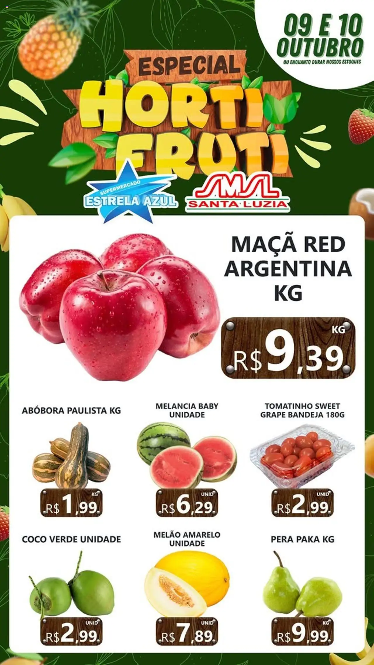 Estrela Azul folheto "Ofertas Hortifruti" válido a partir de 09/10/2025 - número de página 1 - Coco, Melancia, Abóbora, Pera, Bandeja, Melão, Melão amarelo