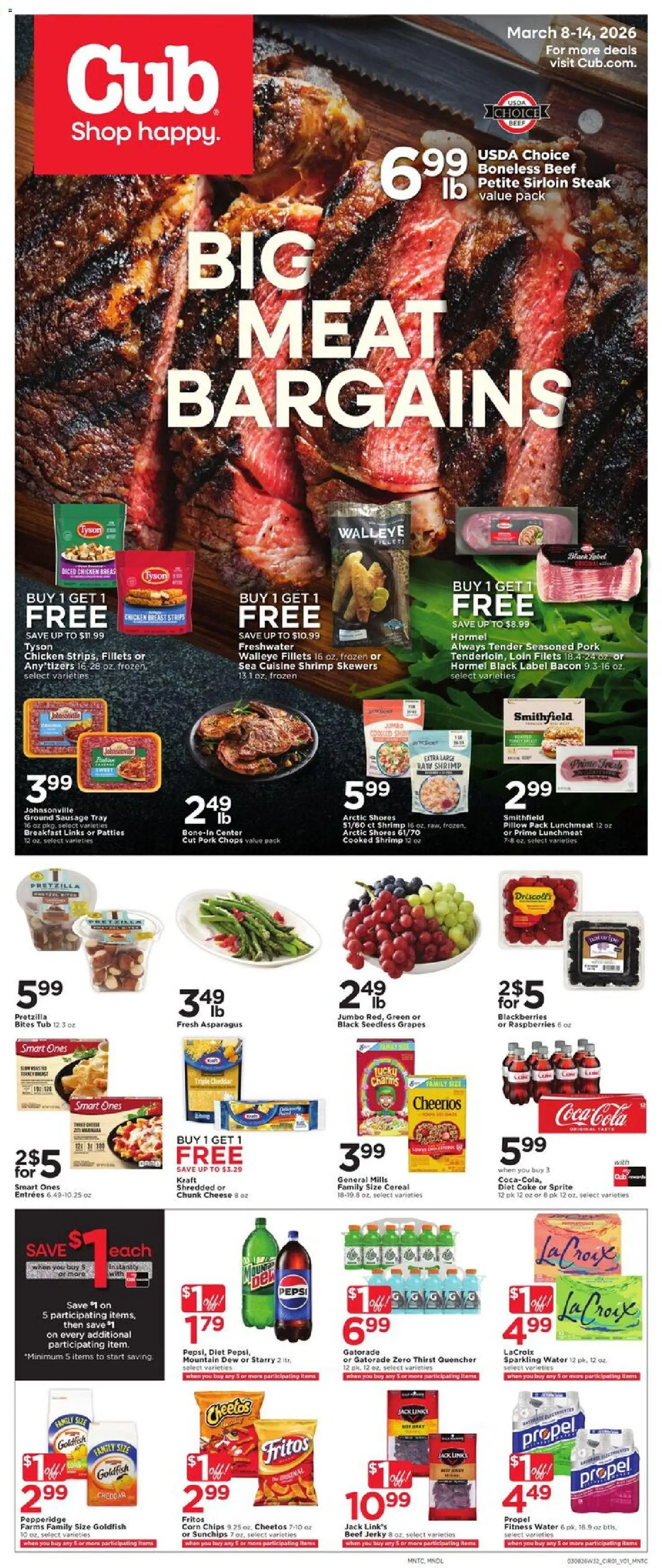 Ad Preview of Cub Foods Cub Foods Weekly Ad from 03/08/2026 - Chips, Shrimp, Cereal, Asparagus, Pepsi, Raspberries, Sausage, Sprite