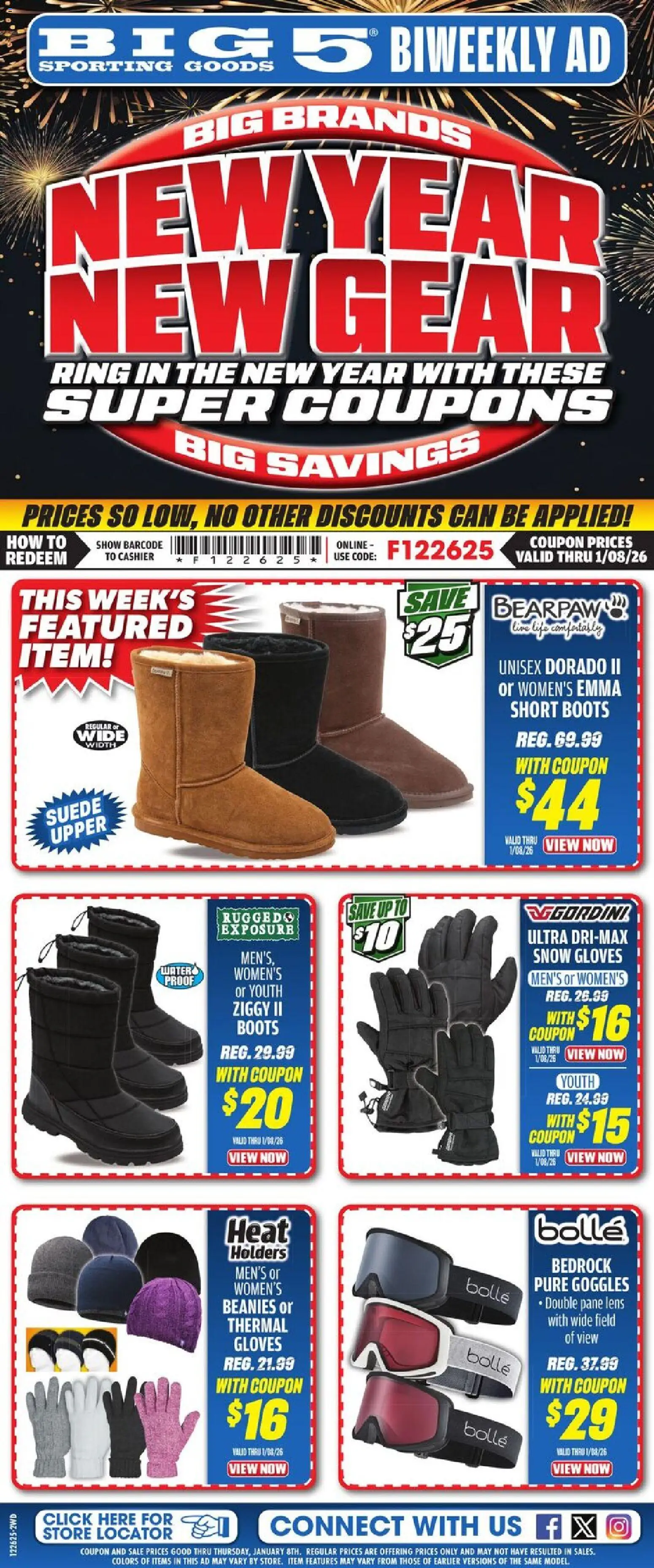 Ad Preview of Big 5 Sporting Goods Weekly Ad from 12/26/2025 - Ring, Water, Boots, Gloves