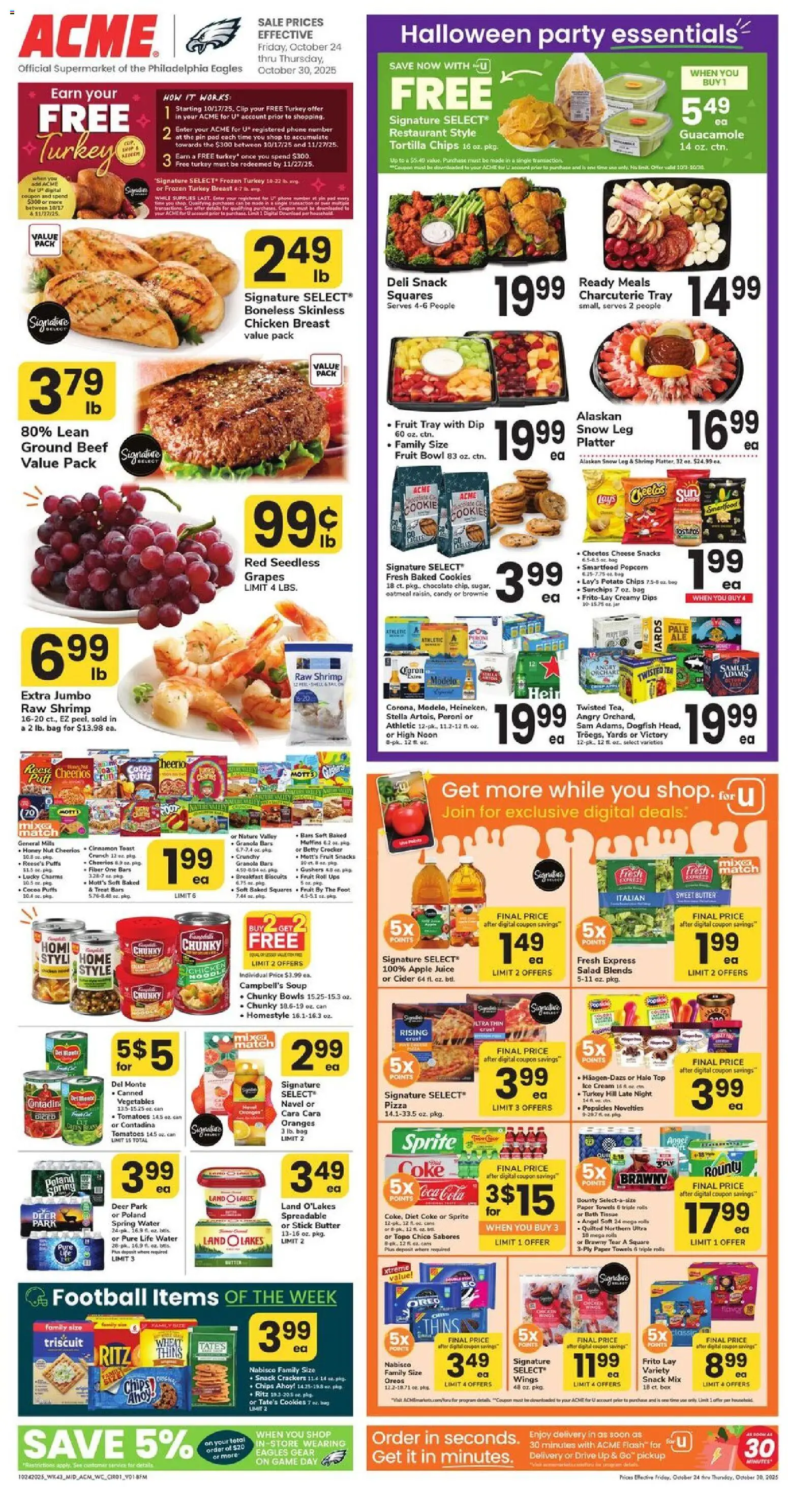Acme Weekly Ad - PA from 10/24/2025 - Circular, Flyer - Page number 1 - Ice cream, Turkey, Chocolate, Candy, Oranges, Chips, Oatmeal, Clip