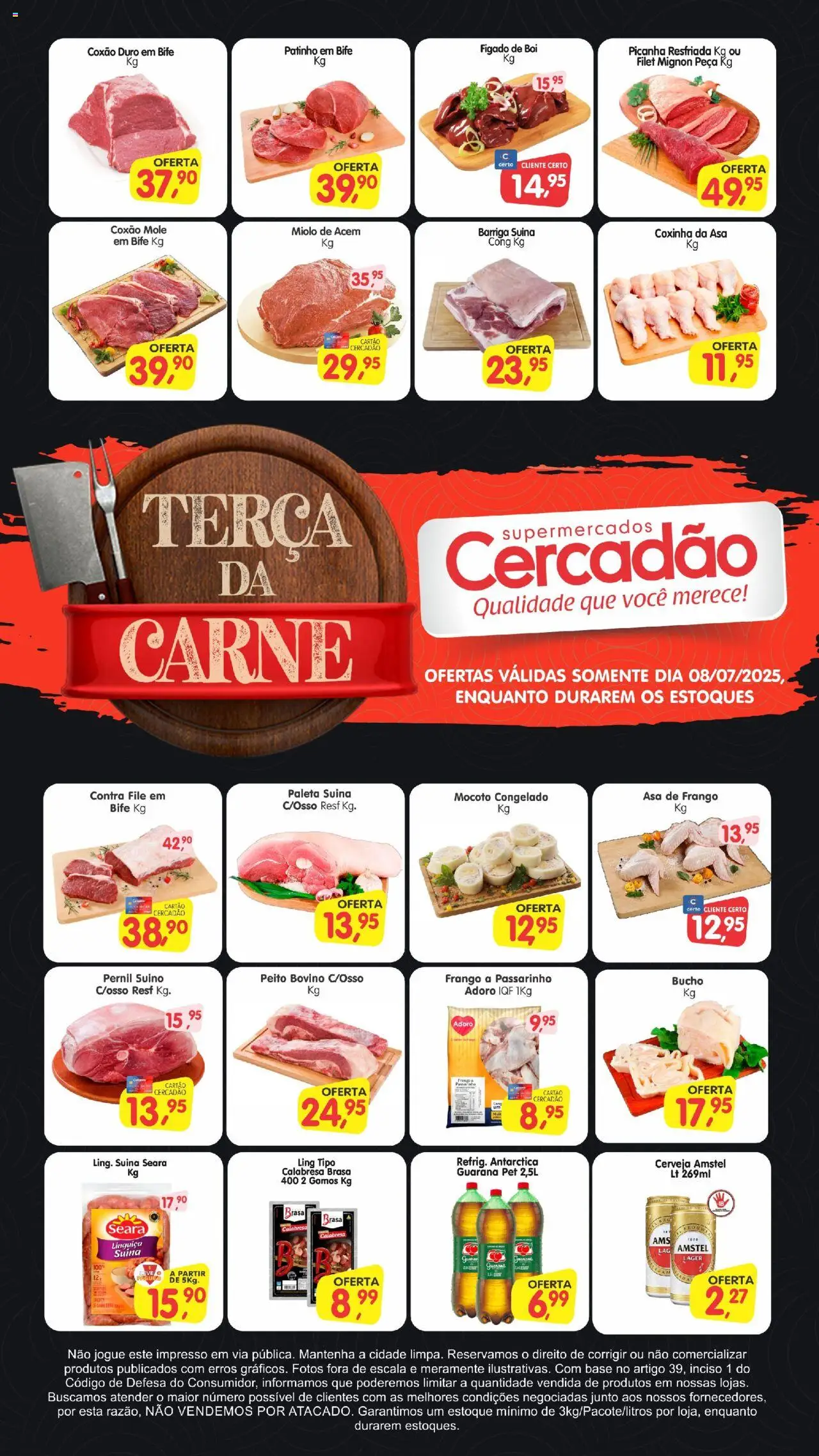 Cercadão folheto "Ofertas da semana" válido a partir de 08/07/2025 - número de página 1 - Guaraná, Linguiça, Asa de frango, Barriga suína, Cerveja, Pernil suíno, Fígado, Frango
