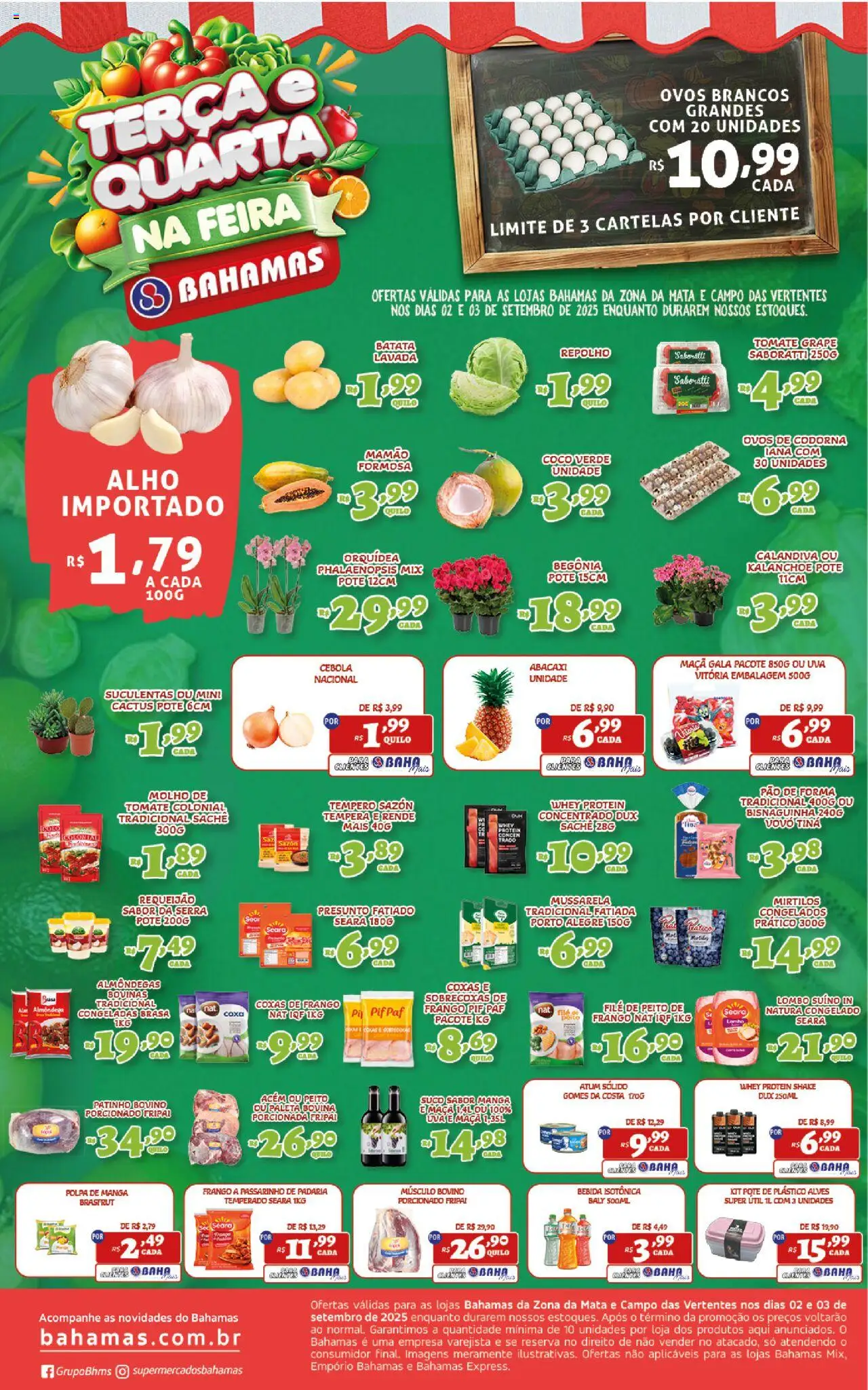 Bahamas Supermercados folheto "Ofertas Terça e Quarta na Feira" válido a partir de 02/09/2025 - número de página 1 - Whey protein, Coco, Uva, Pão, Mussarela, Repolho, Presunto, Mamão