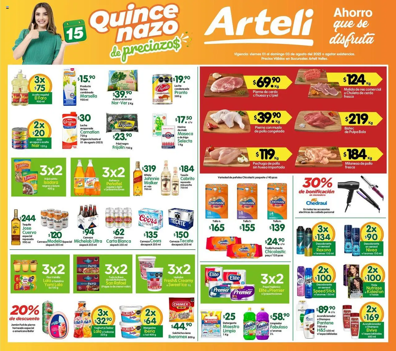 Folleto Valles Arteli y sus promociones válidas desde el 01/08/2025 - Número de página 1 - Shampoo, Azúcar, Leche, Desodorante, Aceite, Aceite vegetal, Margarina, Limpiador