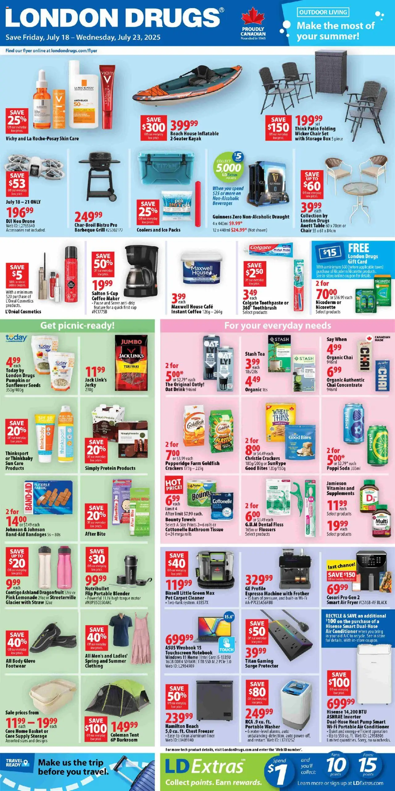 London Drugs flyer valid from Jul 18, 2025 - page number 1 - Sunflower seeds, Toothbrush, Grill, Jerky, Storage box, Chair, Carpet, Ice