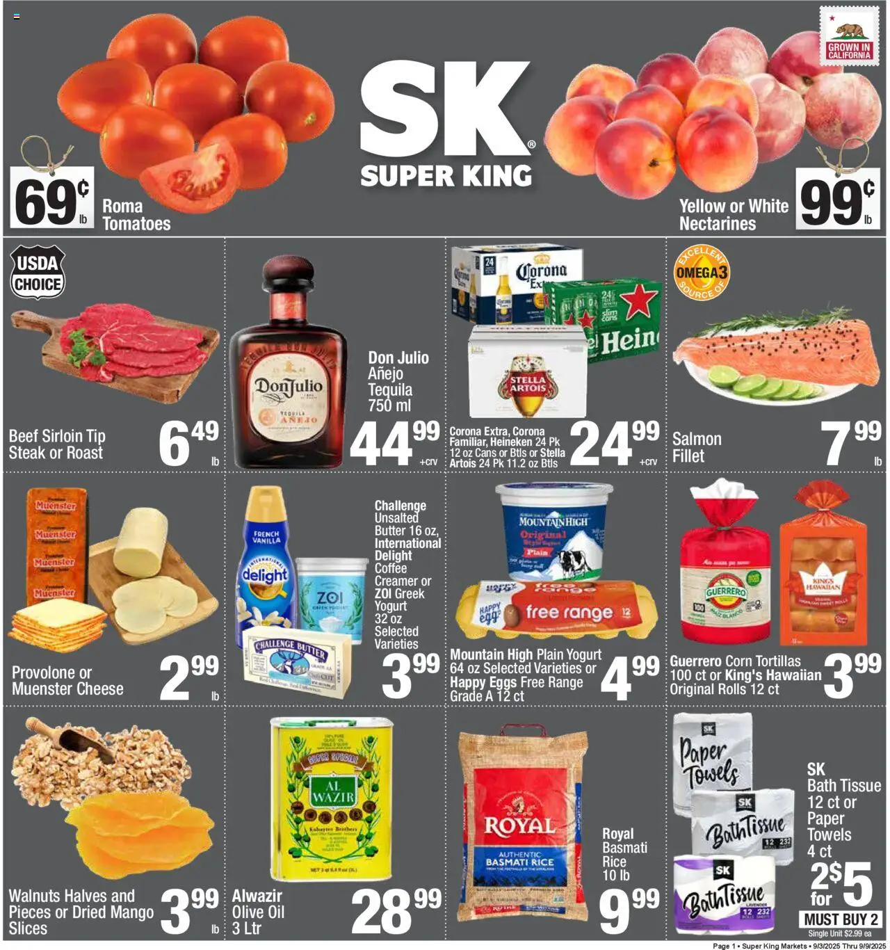 Super King Weekly Ad from 09/03/2025 - Flyer - Page number 1 - Mango, Tomatoes, Rice, Beef, Bath, Nectarines, Dried mango, Beef sirloin