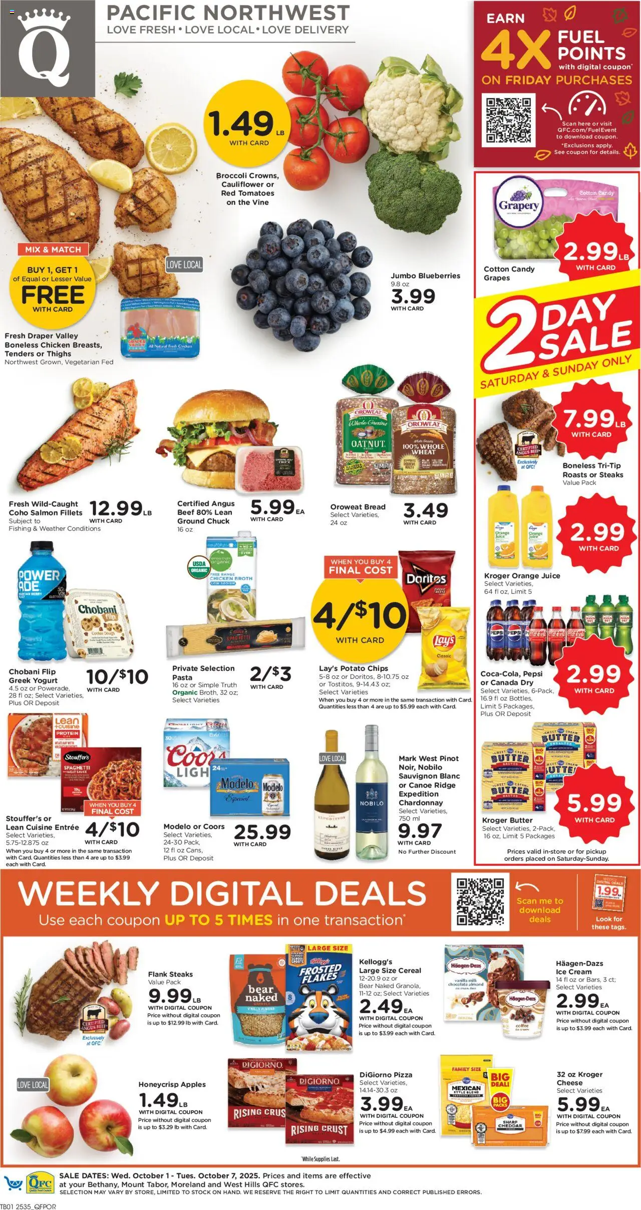 QFC Weekly Ad - OR from 10/01/2025 - Flyer - Page number 1 - Coffee, Yogurt, Tomatoes, Cereal, Pepsi, Greek yogurt, Ridge, Dough