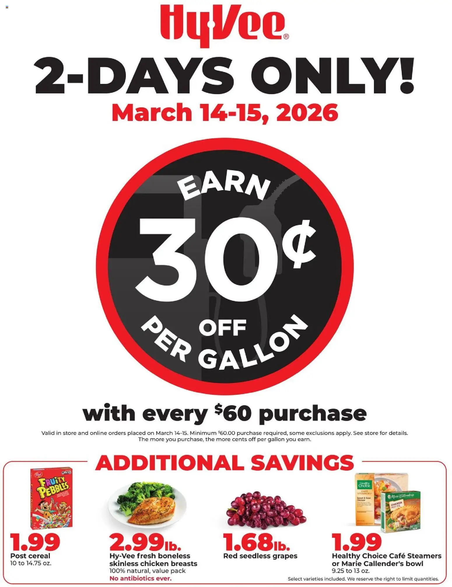 Ad Preview of HyVee HyVee 2 Day Sale from 03/14/2026 - Cereal, Grapes, Chicken breasts, Seedless grapes, Chicken