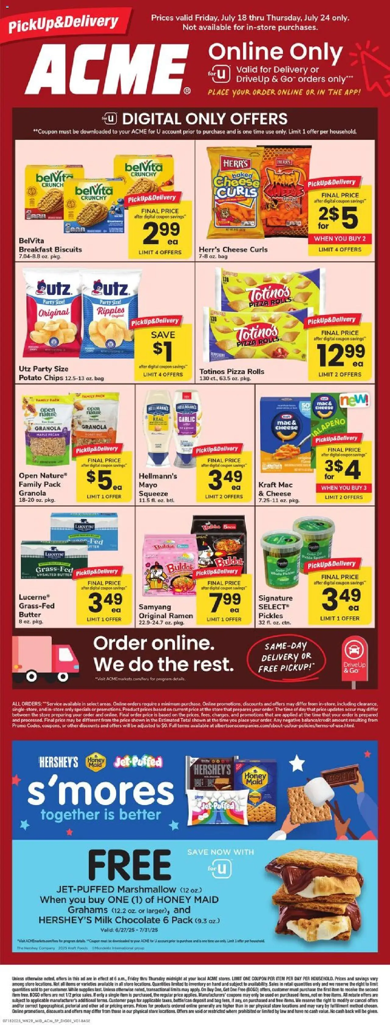 Acme Specialty Publication from 07/18/2025 - Circular, Flyer - Page number 1 - Bed, Potato chips, Honey, Cheese, Chocolate, Pizza, Chips, Bag