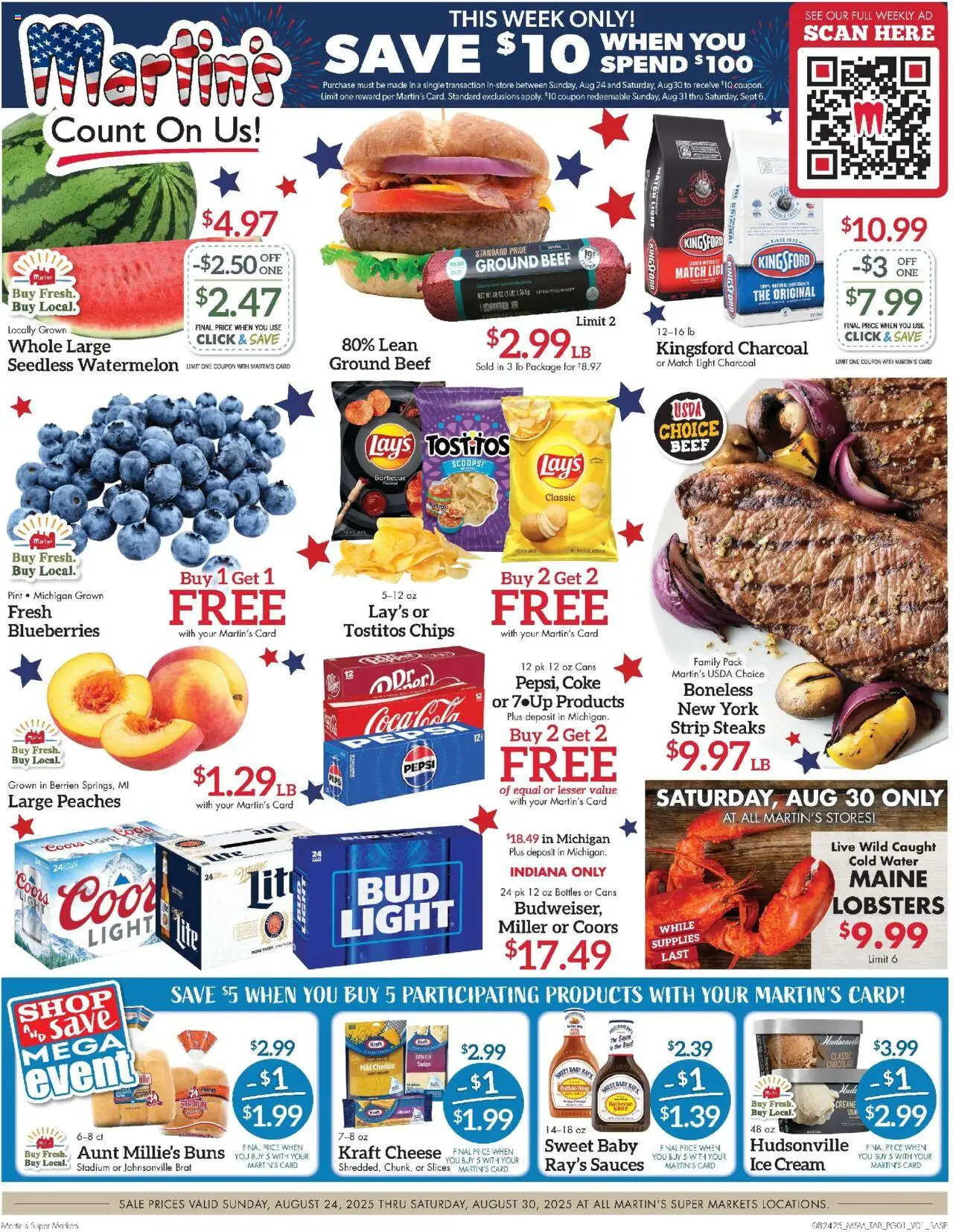 Martin’s Weekly Ad from 08/24/2025 - Flyer - Page number 1 - Ice cream, Chocolate, Water, Cheese, Peaches, Blueberries, Pepsi, Charcoal