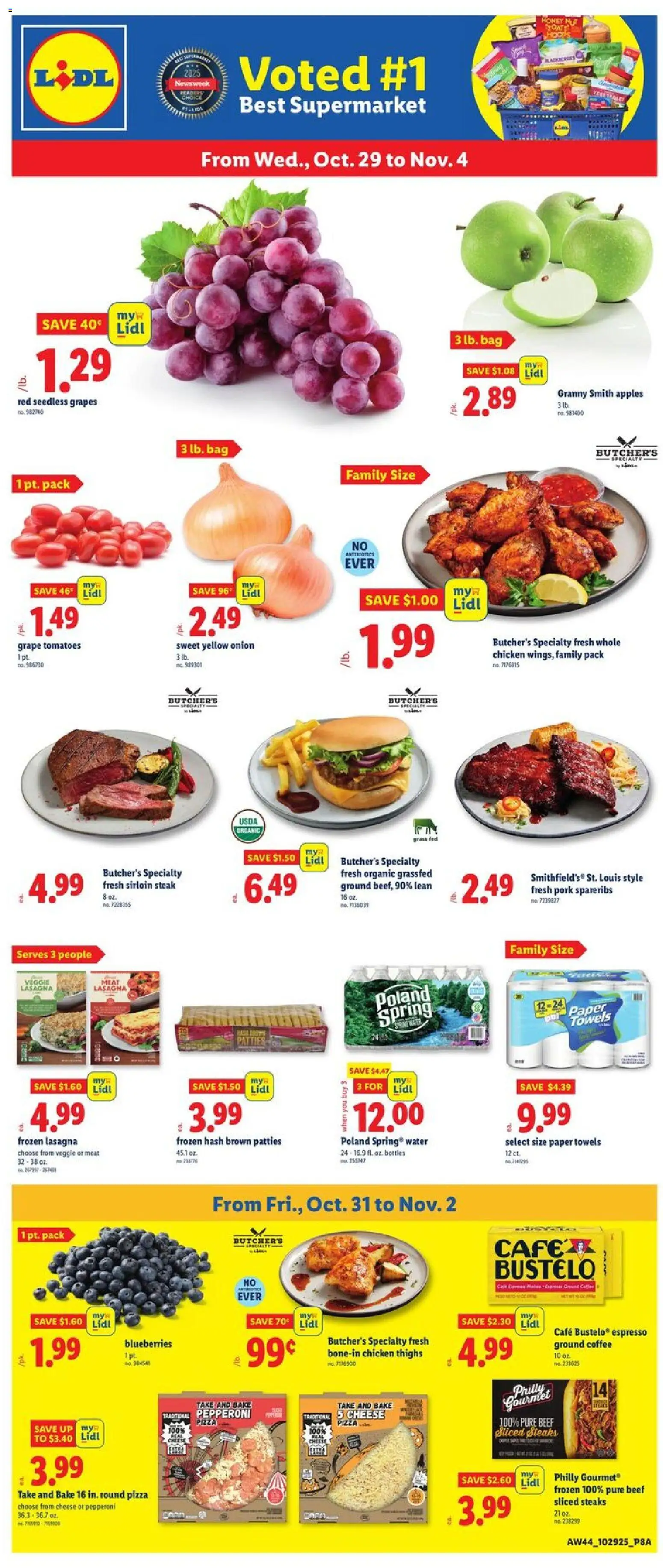 Ad Preview of Lidl Weekly Ad - NY from 10/29/2025 - Pizza, Coffee, Tomatoes, Lasagna, Onion, Pork, Paper towels, Seedless grapes