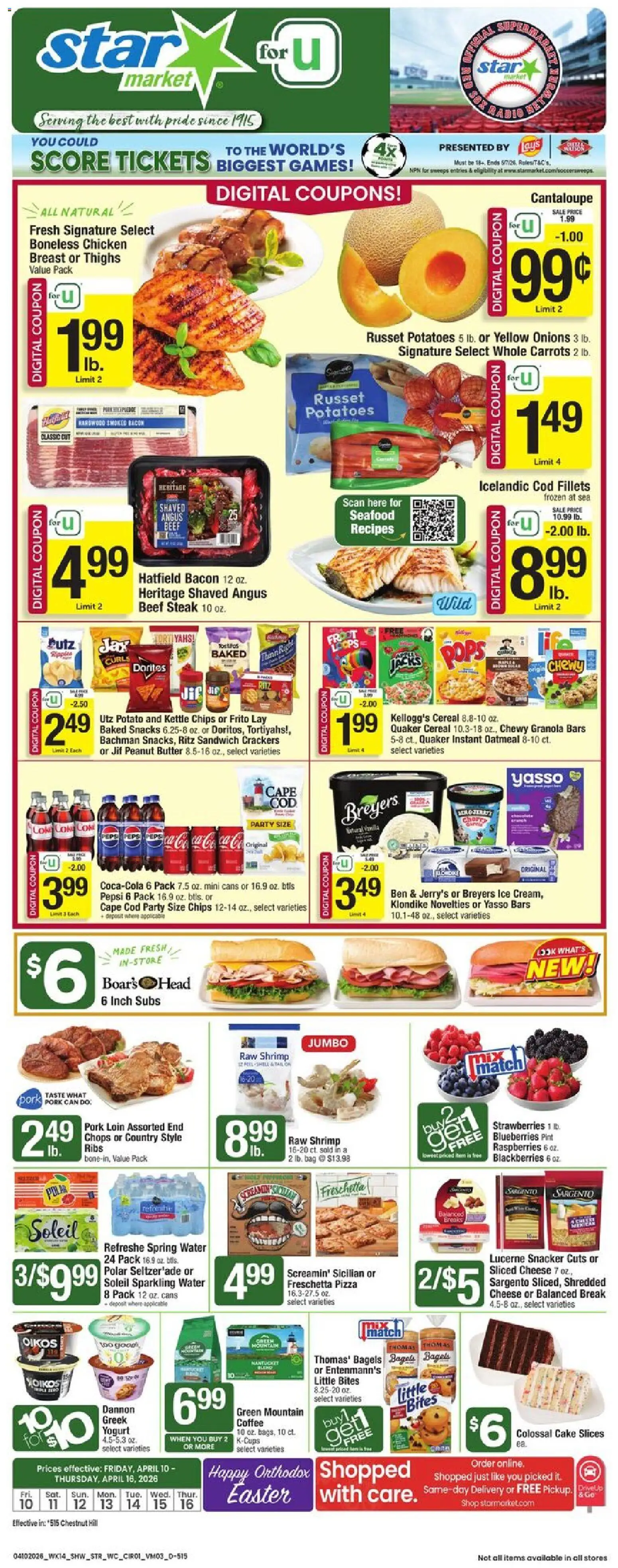 Ad Preview of Star Market Star Market Weekly Ad from 04/10/2026 - Steak, Snacks, Cheese, Butter, Peanut butter, Pork, Spring water, Beef steak