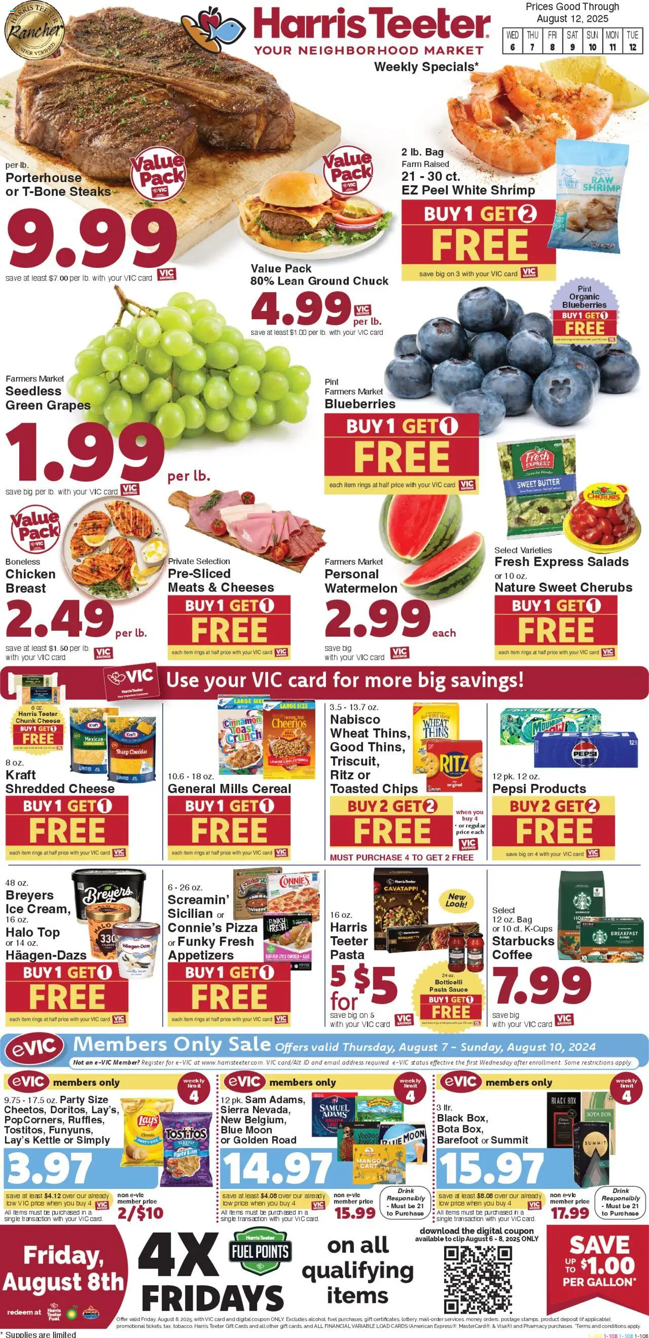 Harris Teeter Weekly Ad from 08/06/2025 - Flyer - Page number 1 - Pizza, Coffee, Cheese, Blueberries, Butter, Grapes, Bag, Sauce