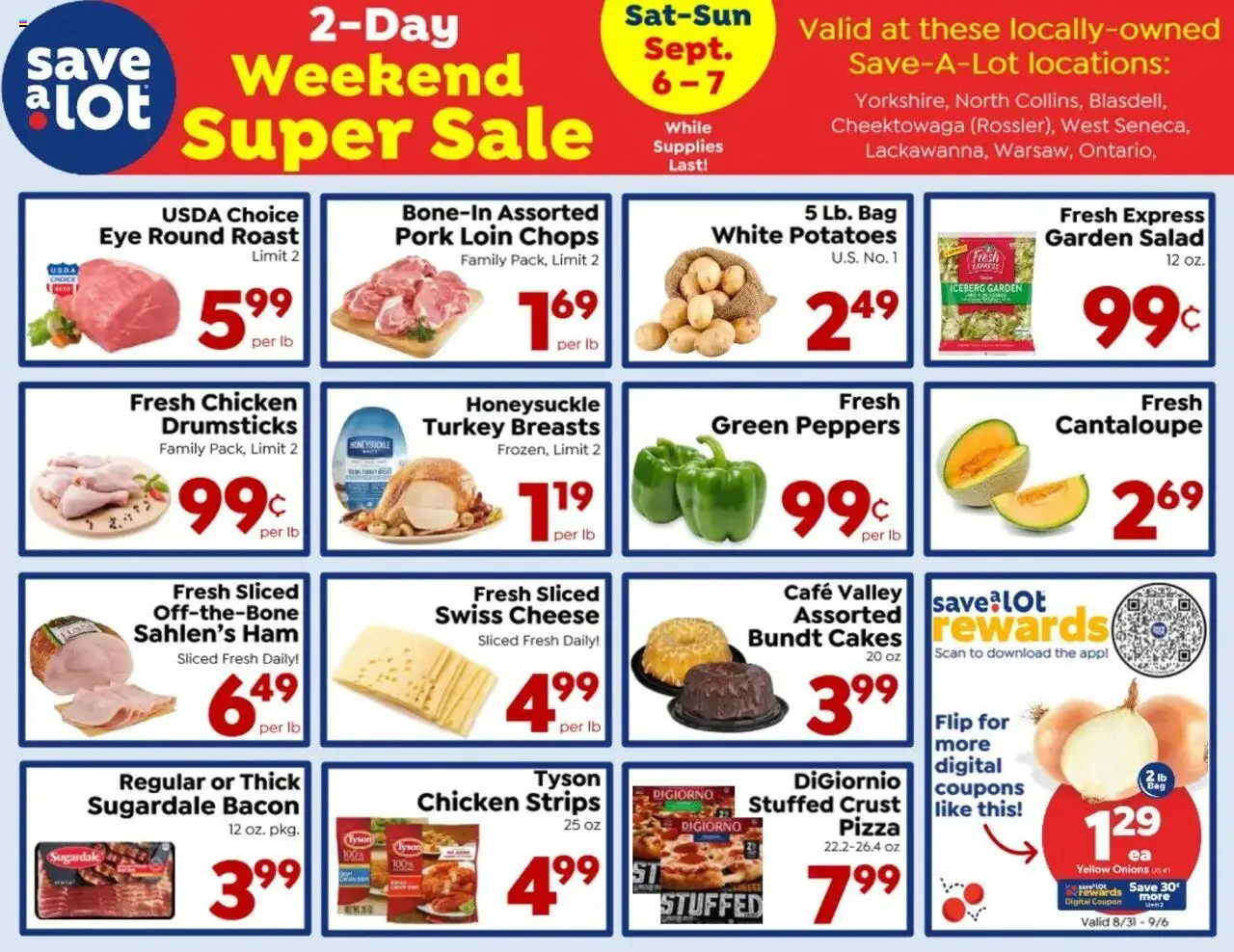 Save a Lot Ad from 09/01/2025 - Flyer - Page number 1 - Salad, Cheese, Peppers, Bacon, Ham, Bag, Pork, Chicken strips