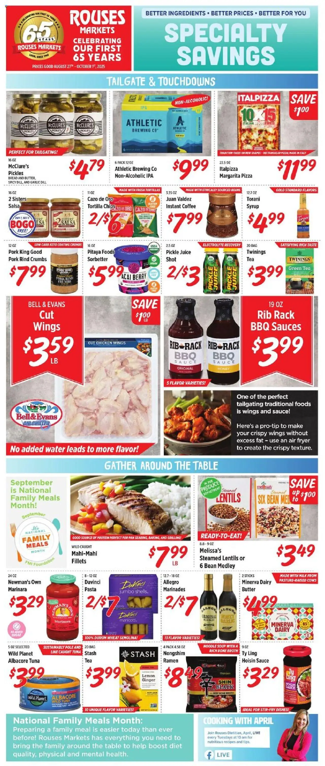 Rouses Specialty Savings from 08/27/2025 - Flyer - Page number 1 - Chicken wings, Protein, Tuna, Tortillas, Pork, Garlic, Tortilla chips, Fryer