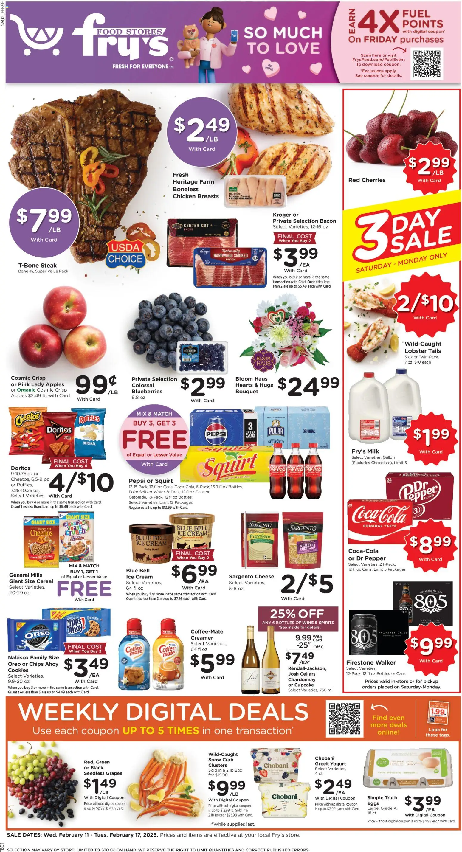 Ad Preview of Fry's Food Weekly Ad from 02/11/2026 - Ice cream, Wine, Honey, Cherries, Blueberries, Chicken breasts, Seedless grapes, Chicken